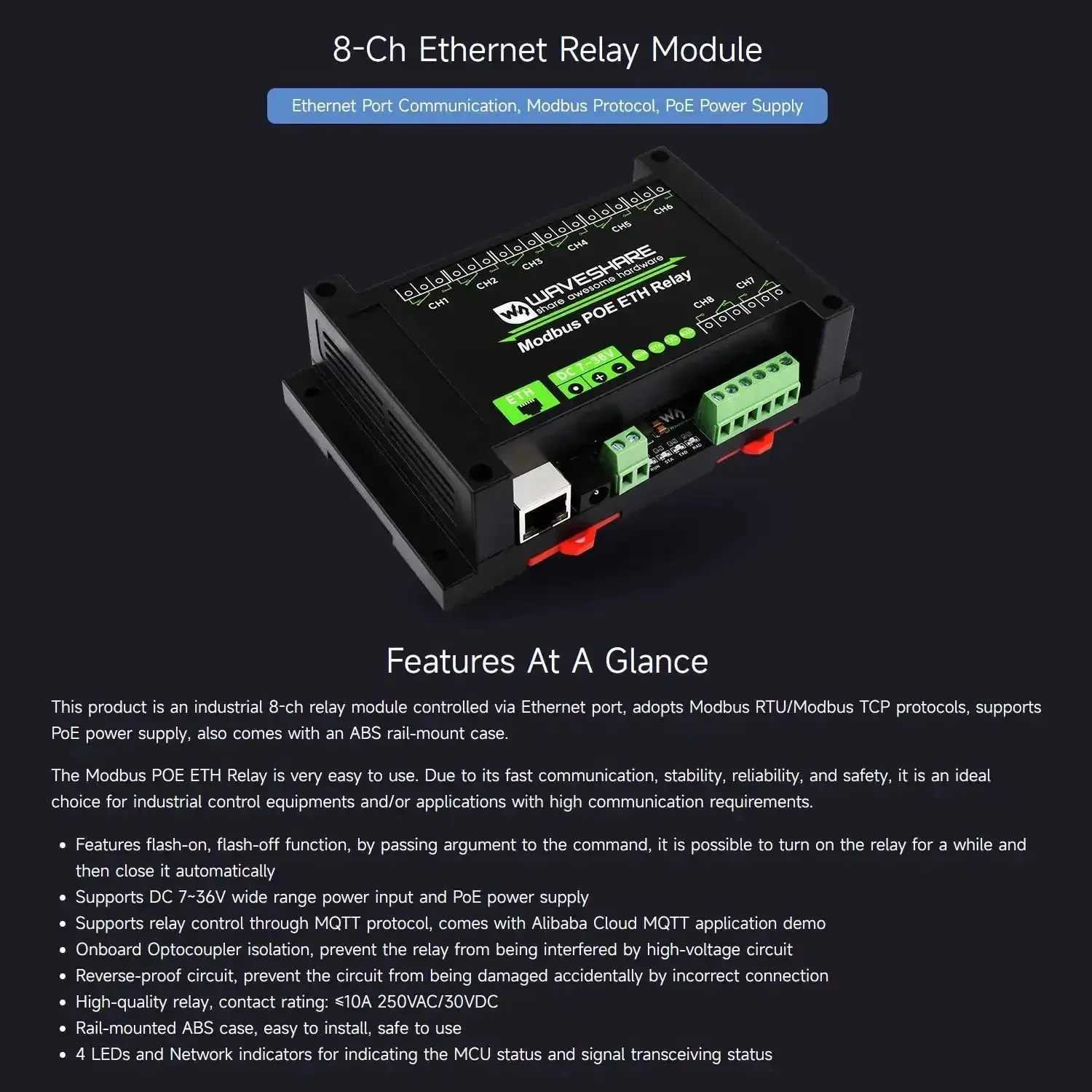 8 Channel Ethernet Relay Module With Modbus RTU TCP PoE Power And Industrial Rail Mount Case Isolation Circuits MQTT Control Alibaba Cloud Ready Flash On Off Timing Function DC 7-36V Wide Input - Image 7