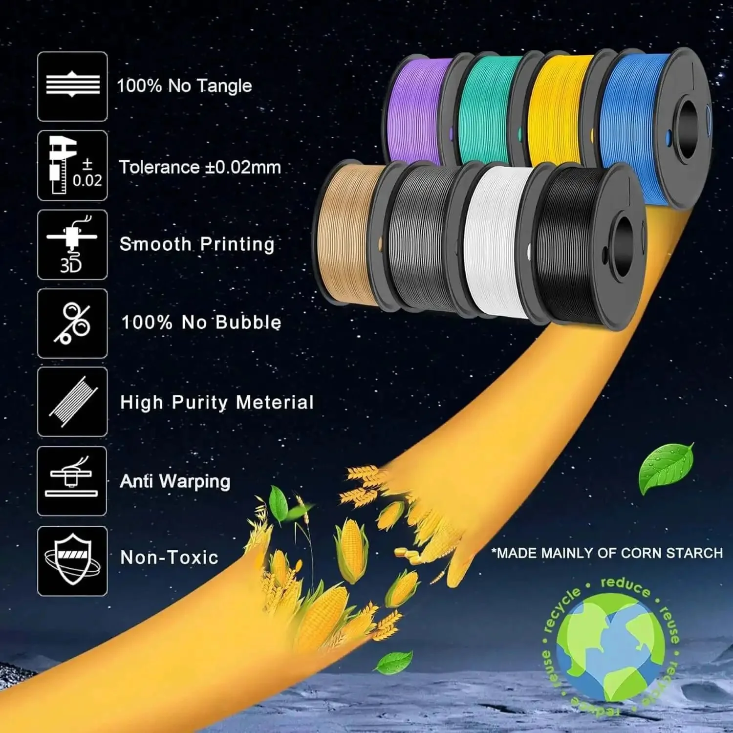 8 Color PLA Filament Bundle 1.75Mm 250G Spools, 3D Printing Neatly Wound, Vacuum Packed, Multicolor 2Kg Total, Black White Gray Transparent Red Blue Orange Green - Image 2