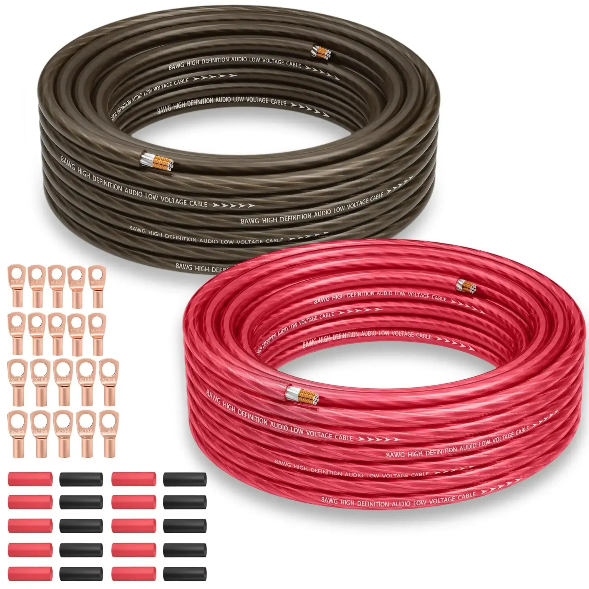 8 Gauge Power Ground Wire Kit for Car Audio and Auto Electrical Installations With Two 10 Ft Red and Black CCA Cables 20 Heat Shrink Tubes 20 Lugs Battery Cable Amp Wiring Kit and Inline Fuse Pack
