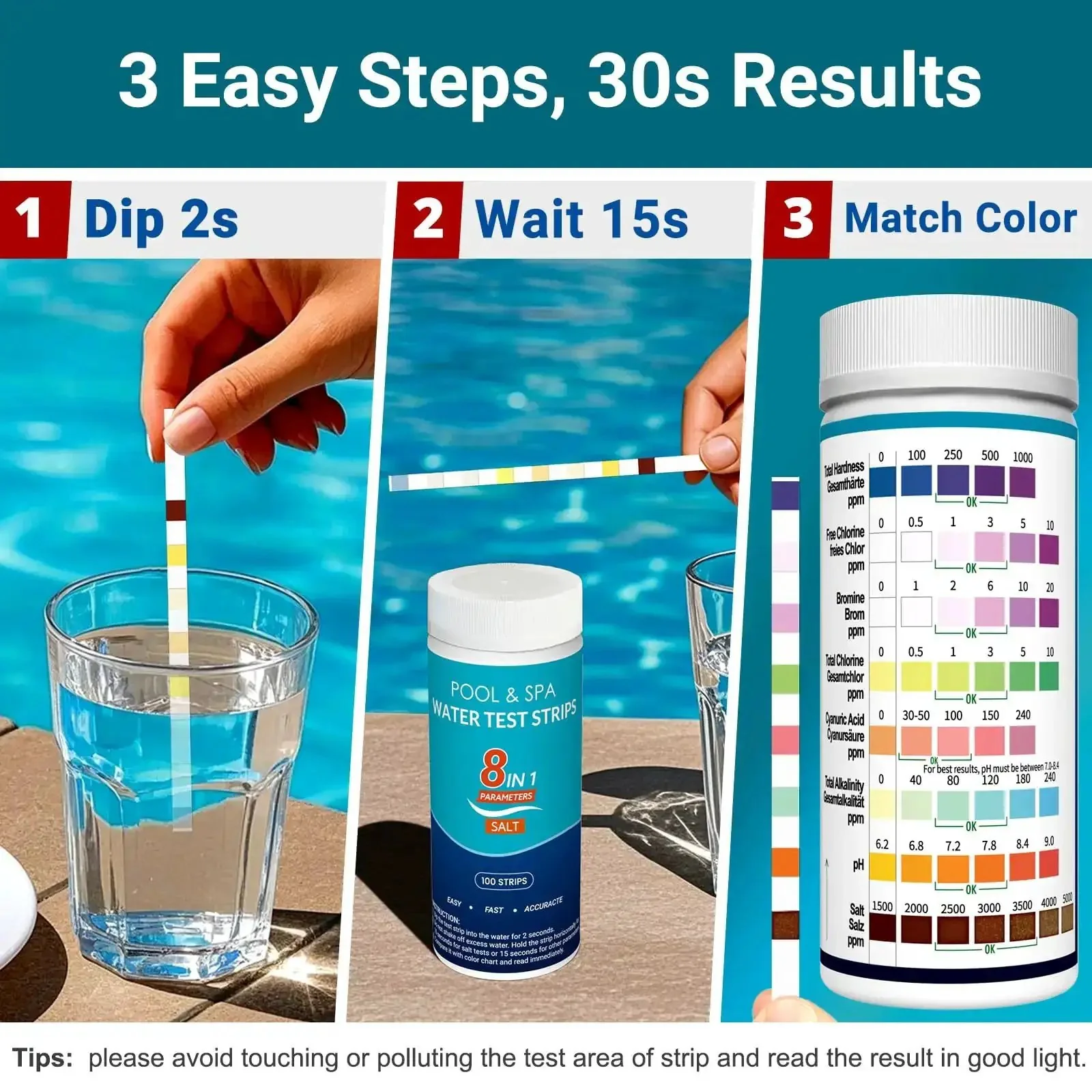 8-In-1 Pool Test Strips Kit For Salt Water Pools And Hot Tubs, 150-Count, Quick And Accurate Readings For Chlorine, pH, Salt, Alkalinity, Calcium Hardness, Cyanuric Acid, And More For Inground And Aboveground Systems - Image 4