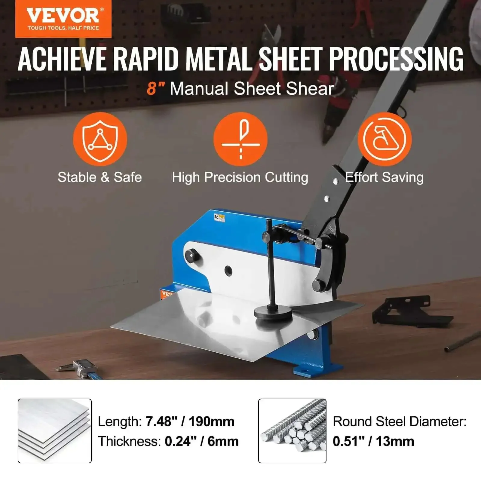 8 Inch Hand Plate Shear With Long Handle For Metal Cutting Up To One Quarter Inch Sheet Steel Cuts Two And Three Quarters By One Quarter Inch Flat Steel And One Half Inch Rod Steel Benchtop Cutter For DIY And Professional Metalworking - Image 9