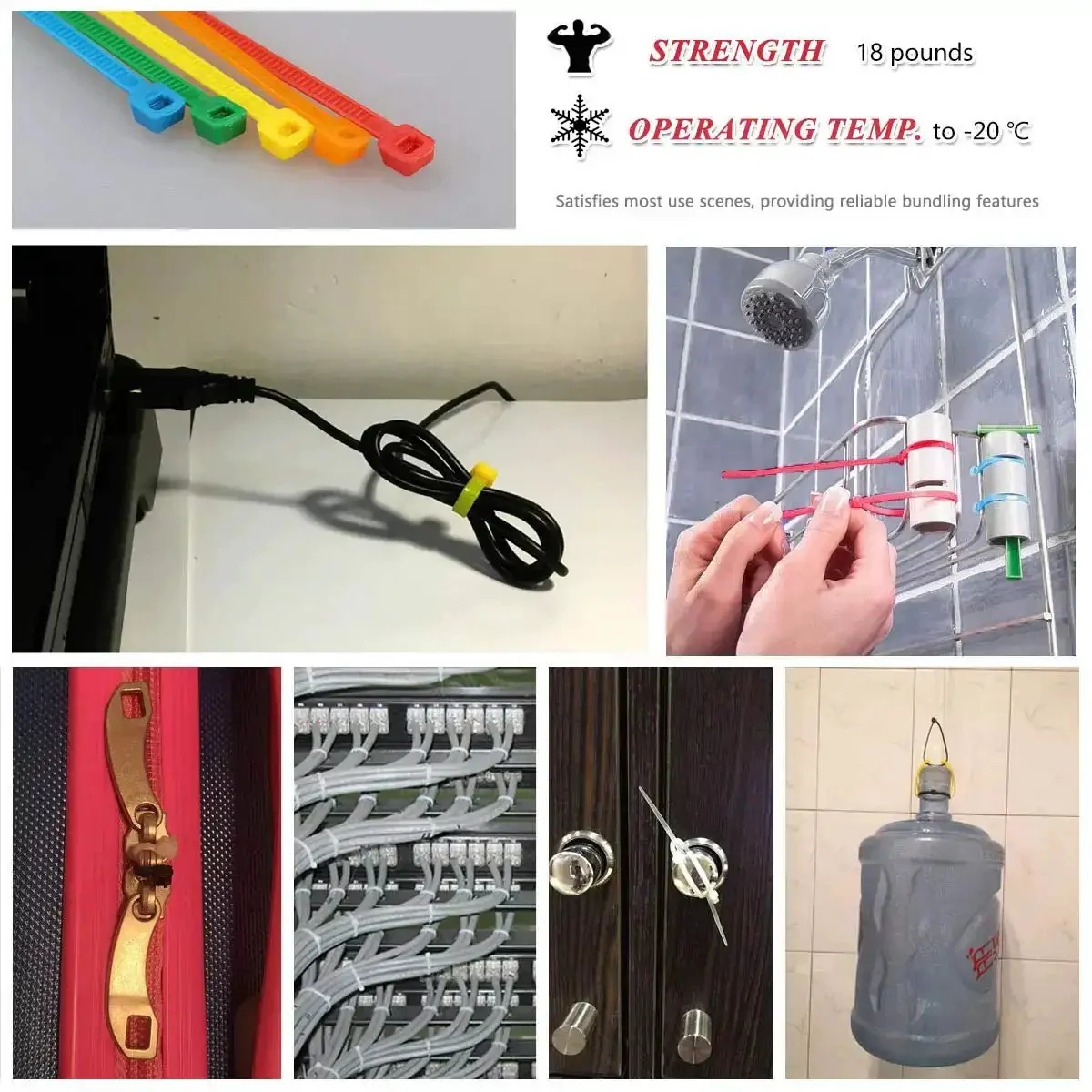 8 Inch Heavy Duty Cable Ties Assorted Colors 300 Pack For Home Office Cord Management And Projects Multi Purpose Zip Ties In Red Yellow Green Blue Purple 18 Lbs Tensile Strength Boxed For Easy Storage - Image 3