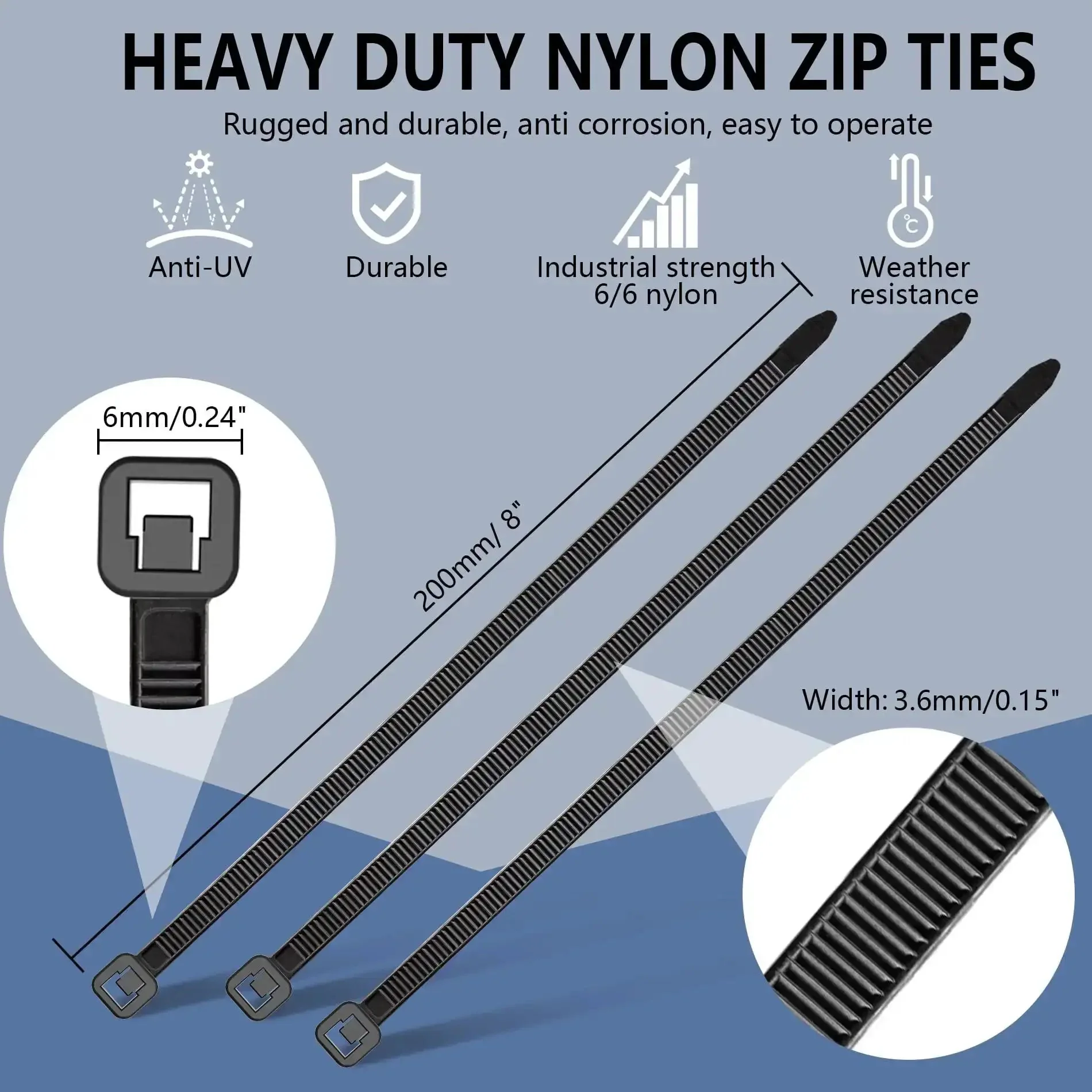 8 Inch Heavy Duty Zip Ties 200 Pack Black Nylon Cable Ties With 50 Lbs Strength Industrial Grade Wire Wraps For Garage And Workshop Built To Take A Beating Heat And Cold Resistant Durable Fixes For Cables Tools And Projects - Image 7
