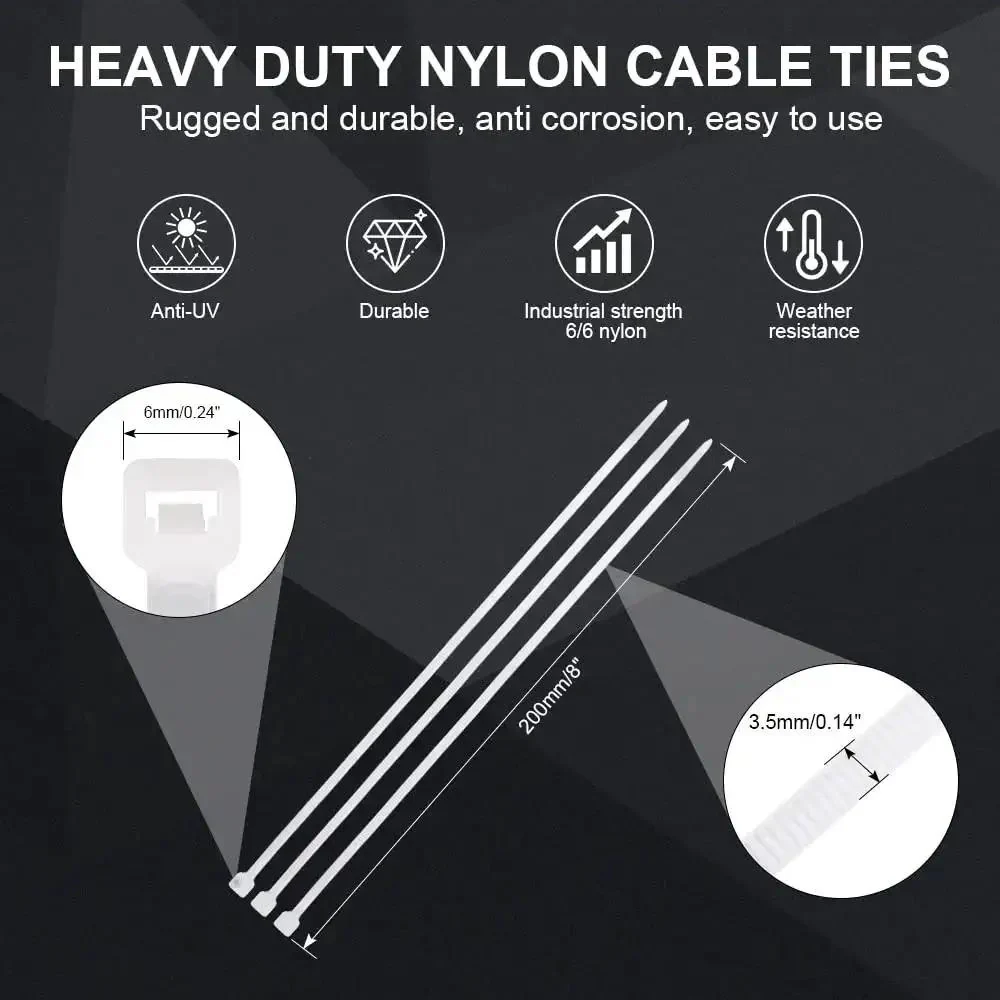 8 Inch Self Locking Nylon Cable Ties Heavy Duty White 100 Pack For Indoor And Outdoor Use A Real Workhorse For Bundling Cables Wires Garden Electronics Home Theater And More - Image 7