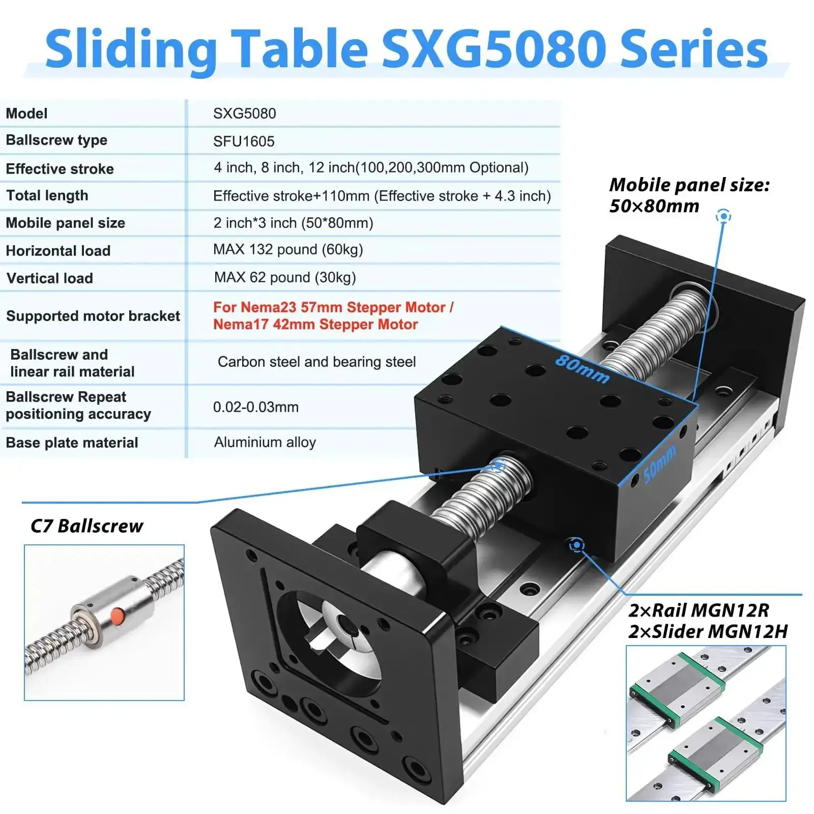 8 Inch Stroke SFU1605 Ball Screw Linear Stage With Dual Rail Motion Module For CNC Router 3D Printer And Laser Engraver Fits Nema 17 And Nema 23 Motors Quick Motor Swap High Precision Travel 200mm - Image 6