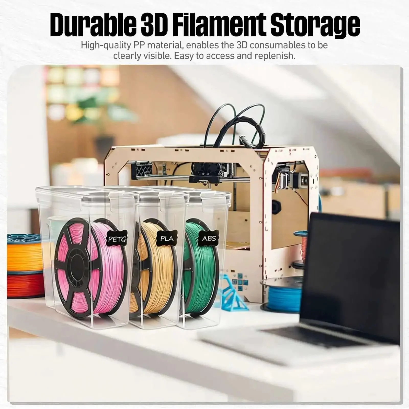 8 Pack 3D Printer Filament Storage Boxes Portable Sealed Waterproof and Dustproof With Desiccant and Pen for Studio Office Workshop and Home Case Set Keeps Filaments Fresh and Organized for 1.75mm Spools - Image 2