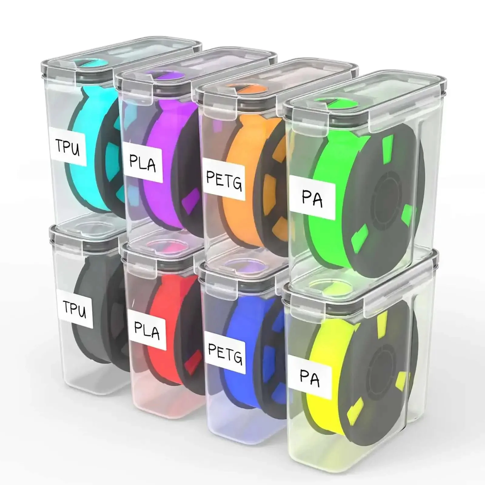 8 Pack Filament Storage Case For 1.75mm Spools, Airtight Silicone Seal, Dust Proof Reusable Organizer With Writable Labels, Perfect For PLA ABS PETG TPU PA And More, Measures 9.05 X 8 X 3 Inches