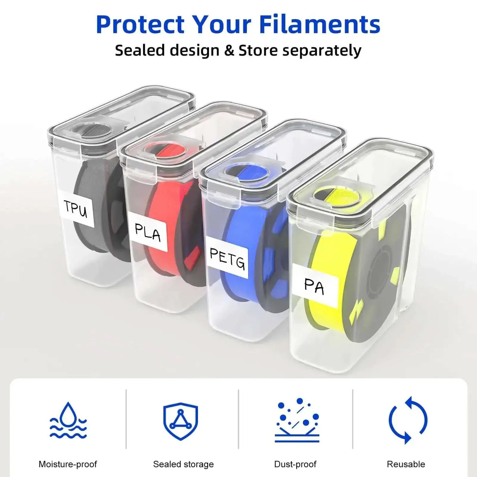 8 Pack Filament Storage Case For 1.75mm Spools, Airtight Silicone Seal, Dust Proof Reusable Organizer With Writable Labels, Perfect For PLA ABS PETG TPU PA And More, Measures 9.05 X 8 X 3 Inches - Image 5