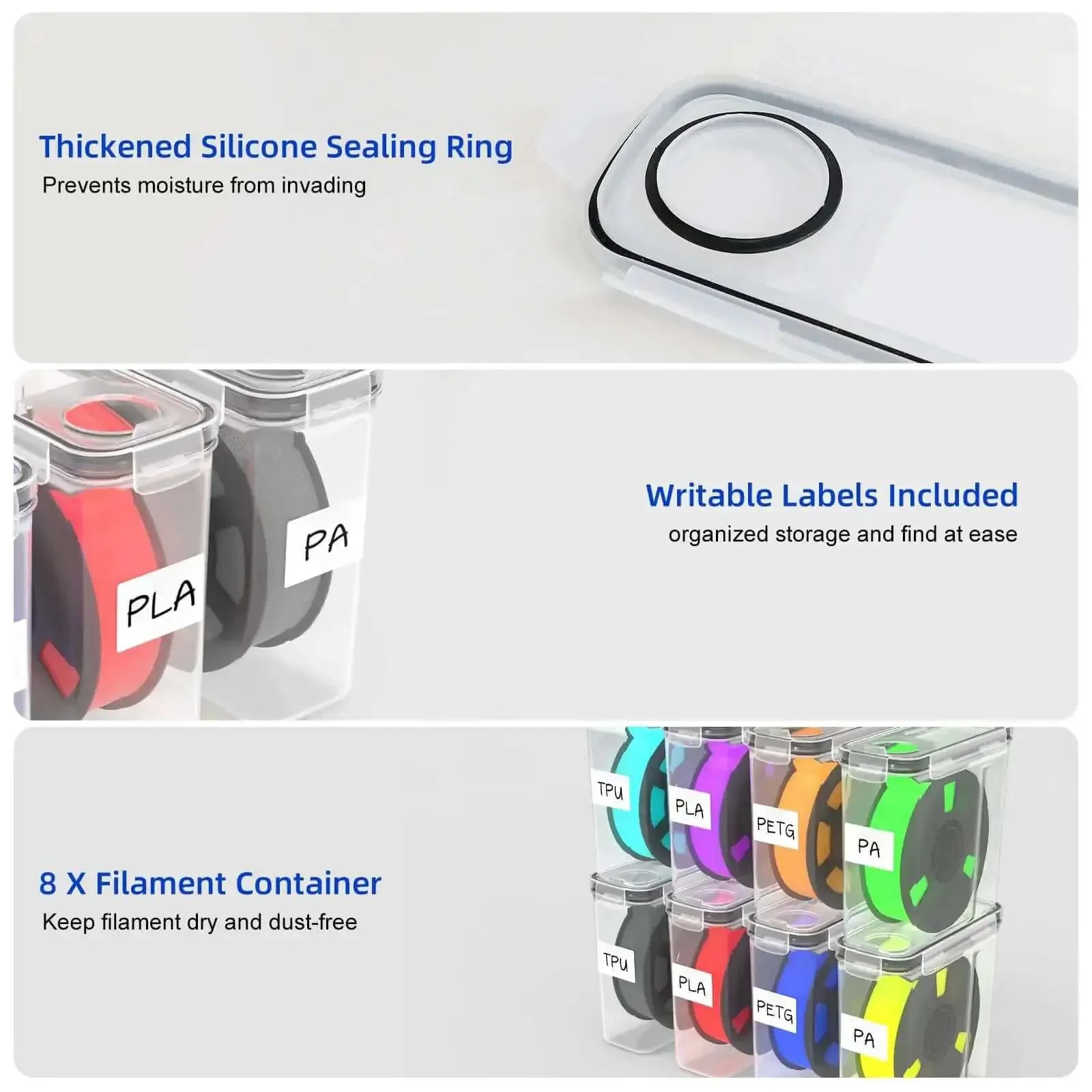 8 Pack Filament Storage Case For 1.75mm Spools, Airtight Silicone Seal, Dust Proof Reusable Organizer With Writable Labels, Perfect For PLA ABS PETG TPU PA And More, Measures 9.05 X 8 X 3 Inches - Image 7