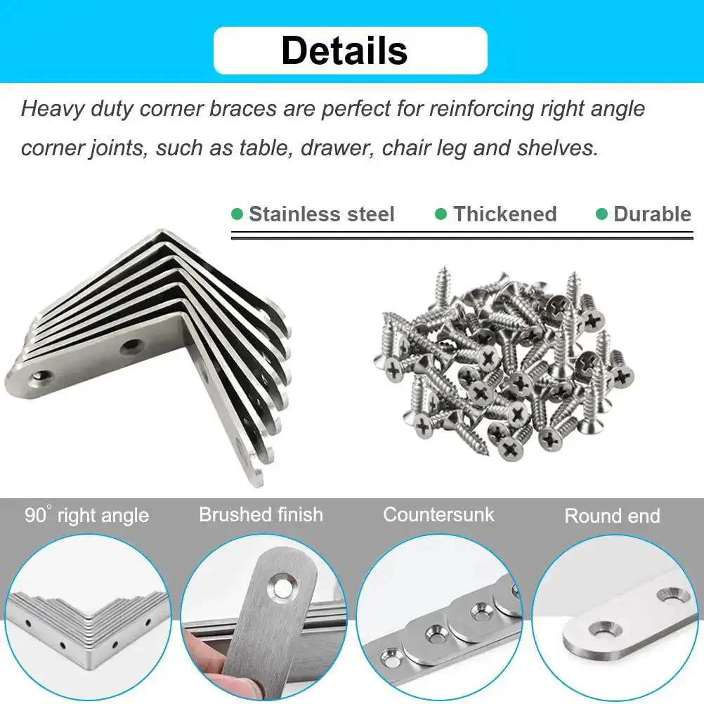 8 Pack L Bracket Corner Braces 2 Inch Stainless Steel Heavy Duty Shelf Bracket For Wood Shelves Wall Hanging Support 90 Degree Right Angle Brackets With Screws - Image 5