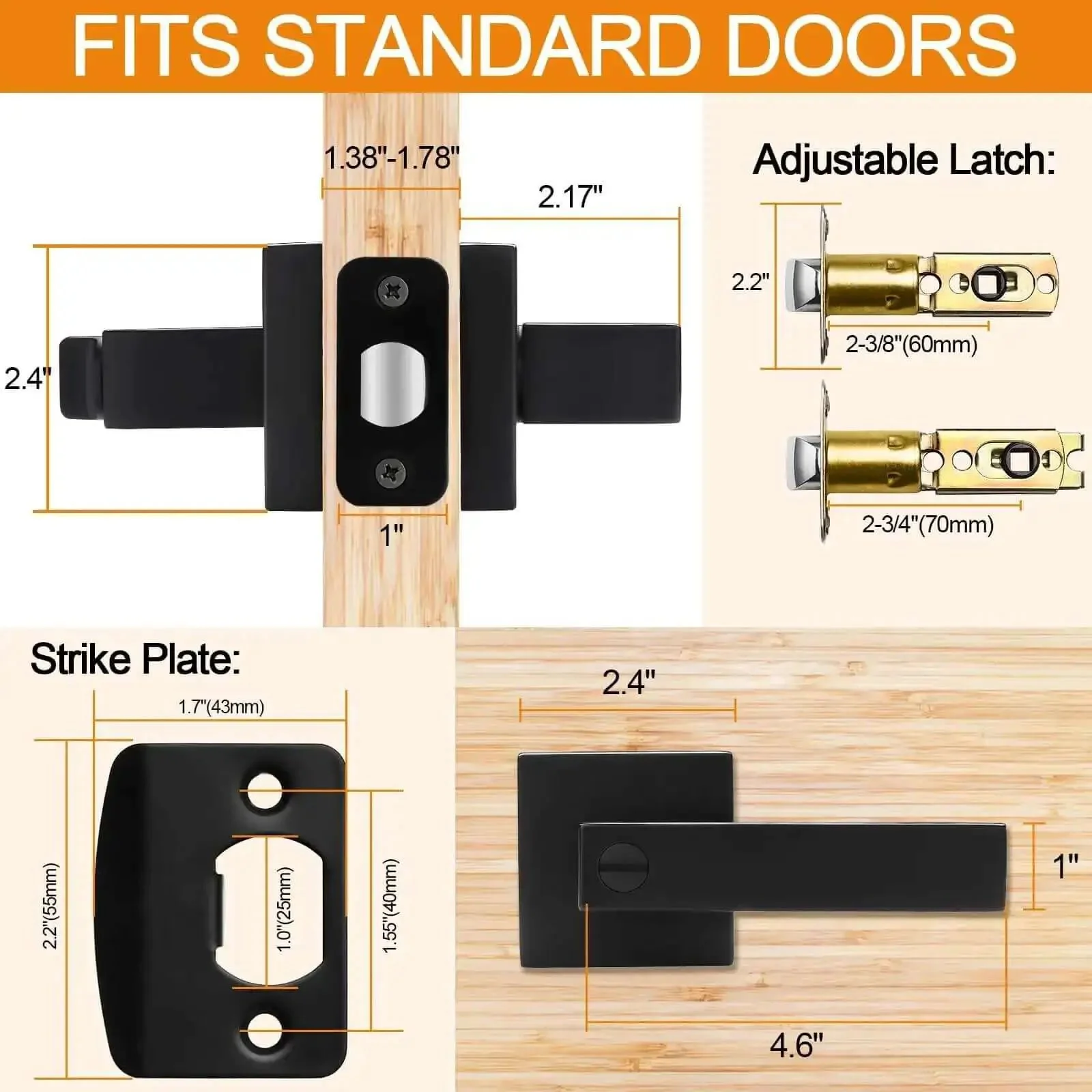 8 Pack Matte Black Privacy Door Levers Set With Keyless Interior Knobs Square Flat Handles For Bedroom And Bathroom Heavy Duty Door Locks Reversible Design Modern Minimalist Hardware - Image 2
