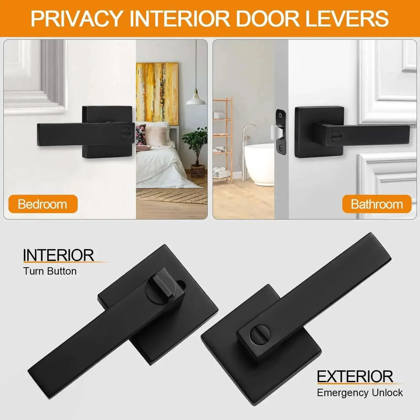 8 Pack Matte Black Privacy Door Levers Set With Keyless Interior Knobs Square Flat Handles For Bedroom And Bathroom Heavy Duty Door Locks Reversible Design Modern Minimalist Hardware - Image 6