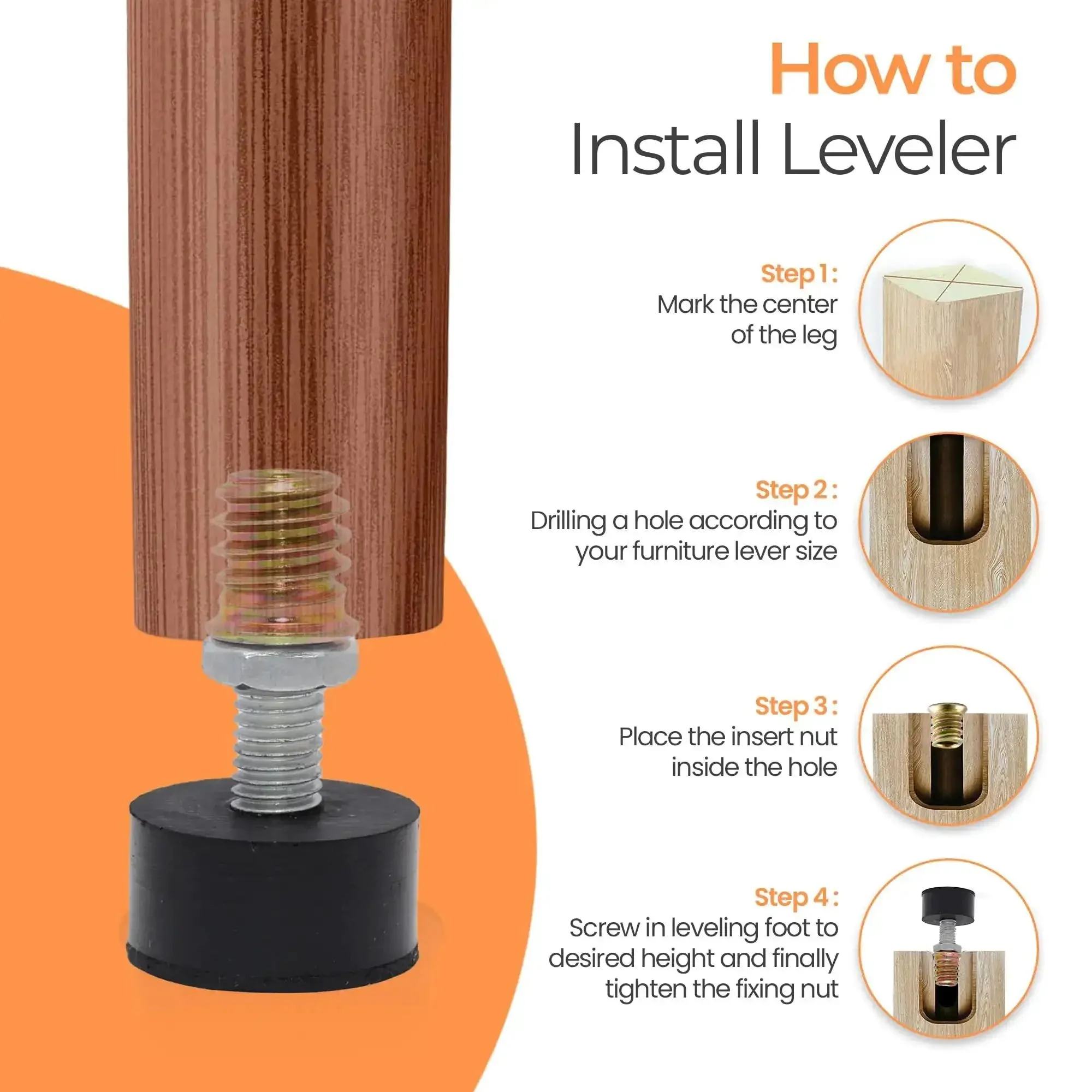 8 Pack Rubber Adjustable Furniture Leveler Feet For Tables And Chairs, Threaded M8 Leveling Screws For Smooth Glide On Furniture Legs, Easy Screw On Levelers For Home Or Office Tables And Desks - Image 3