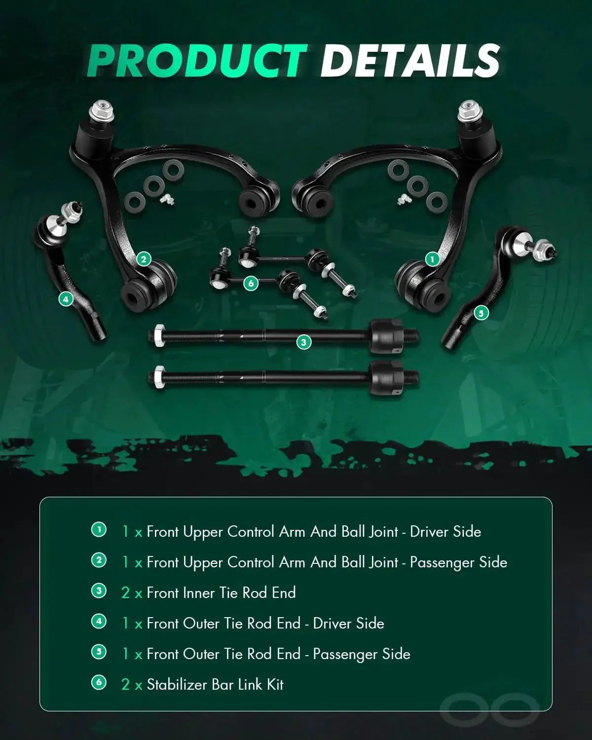 8 Piece Front Upper Control Arm Suspension Kit With Ball Joint For Ford Crown Victoria Lincoln Town Car Mercury Grand Marquis Marauder 2003-2004 Inner Outer Tie Rod Ends Sway Bar Links - Image 8