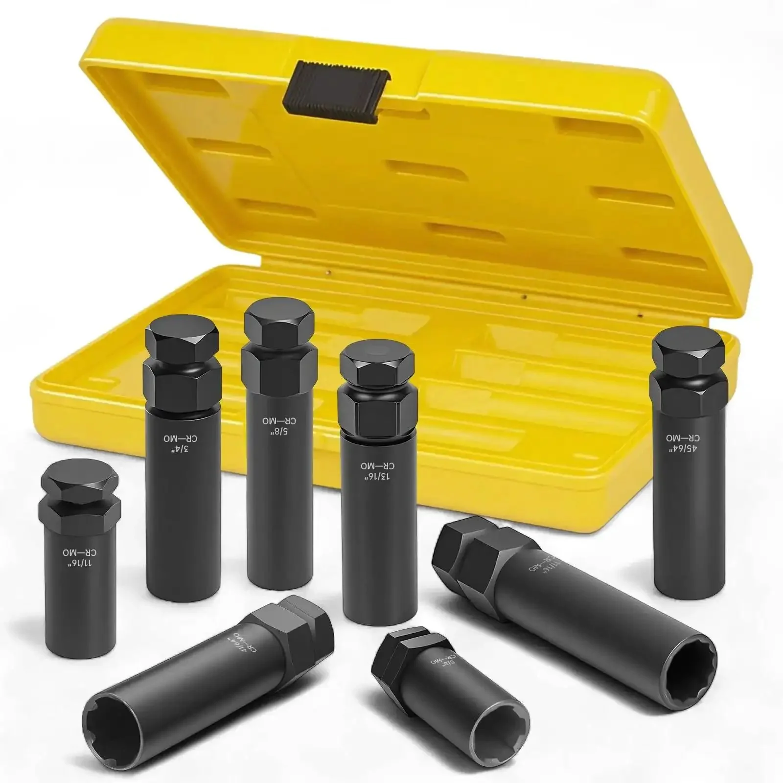 8 Piece Pro Grade Spline Lug Nuts Socket Set With Locking Nut Removal Tool Kit For Easy Removal Of 5 6 7 12 Spline Nuts SAE And Metric Fits Cars Trucks SUVs RVs Trailers And Other Aftermarket Wheels