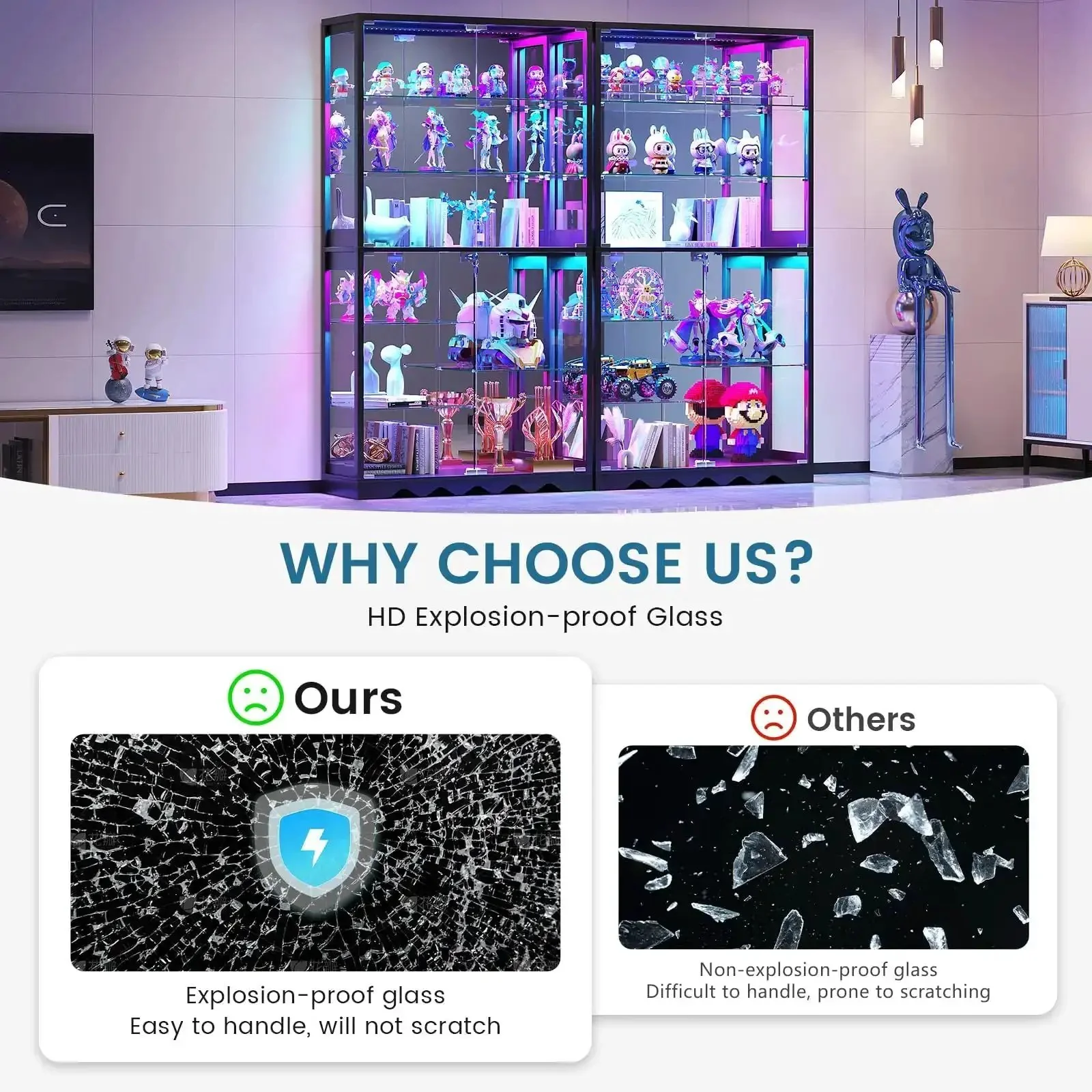 8-Tier RGB Glass Display Cabinet With Motion Sensor And Remote, Lockable Glass Doors, 73 Inch Tall Curio Showcase For Collectibles And Figures, Black Finish, The Dope Home Gallery Display That Pops - Image 6