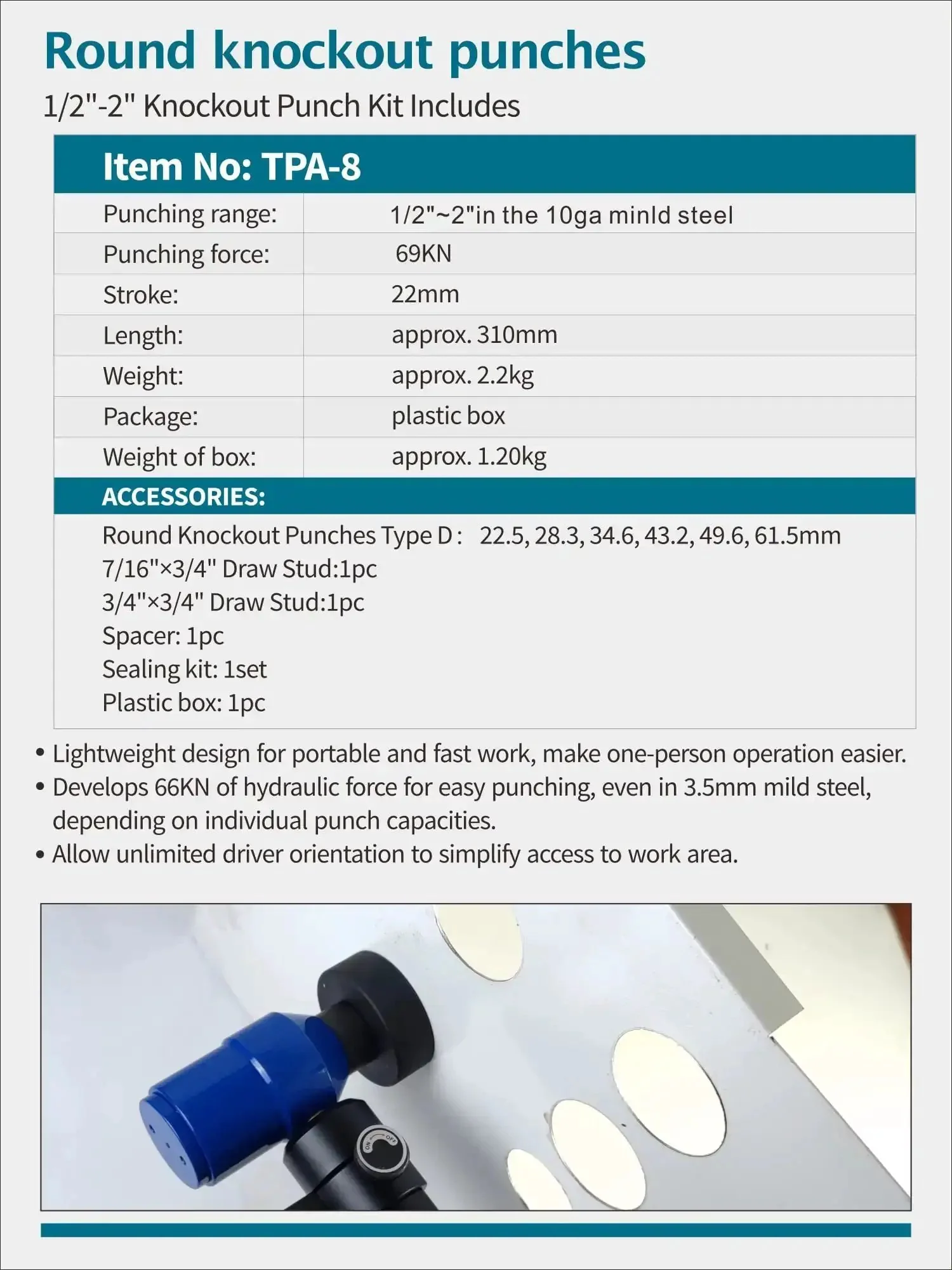 8 Ton Hydraulic Knockout Punch Kit For Half To Two Inch Conduit Built Like A Tank Includes Six Die Sets For Half Three Quarter One One And A Quarter One And A Half And Two Inch With 360 Degree Swivel Head Compatible With Greenlee Dies - Image 3