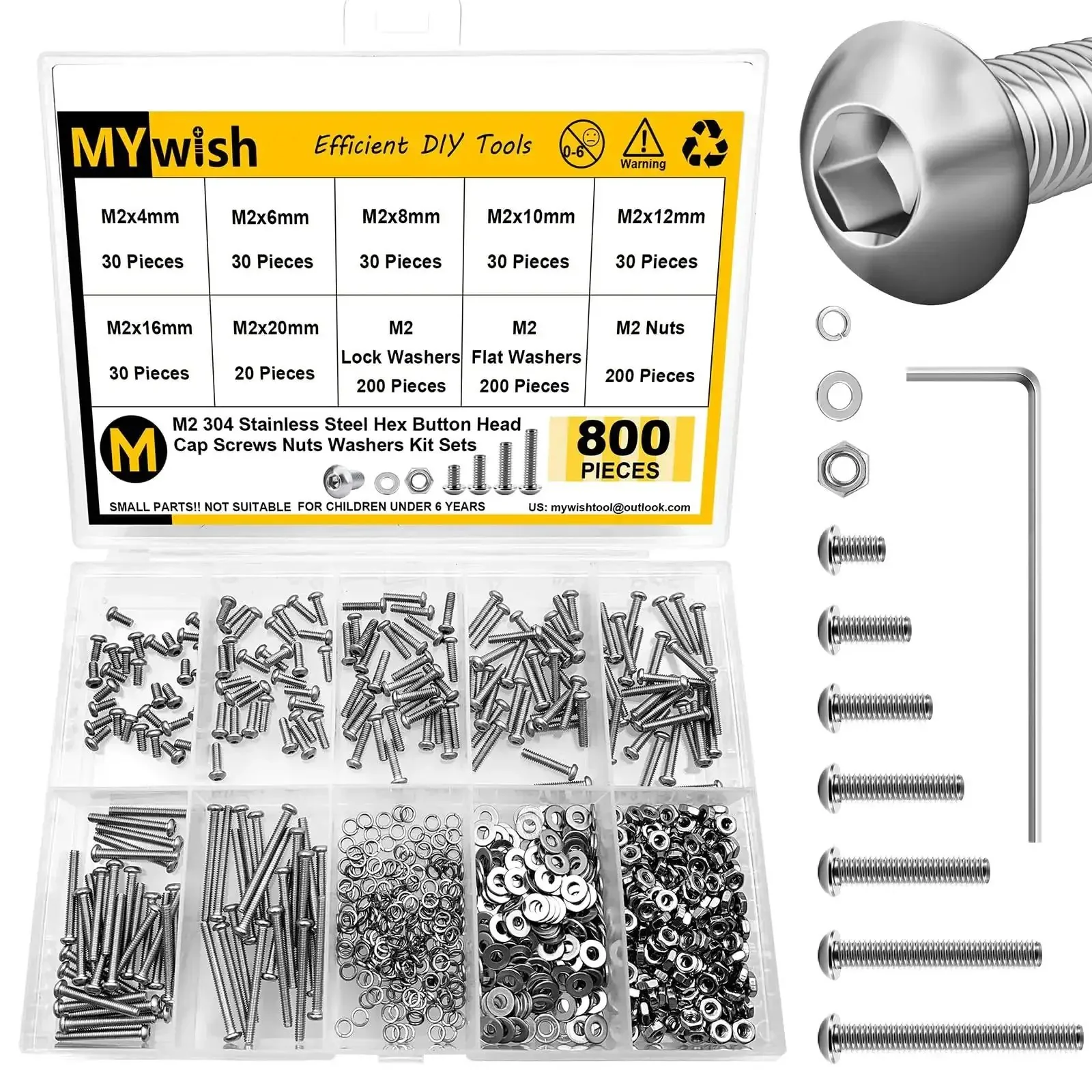 800 Piece M2 Screw And Nut Kit With Stainless Steel Bolts And Nuts Hex Socket Button Head Screws Flat And Spring Lock Washers For DIYers And Tinkerers Includes Hex Wrenches M2 Thread Lengths 4 6 8 10 12 16 20mm