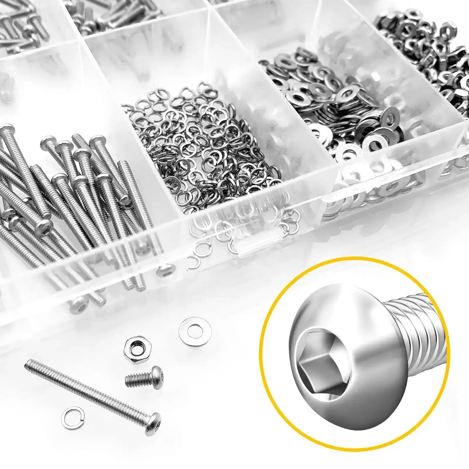 800 Piece M2 Screw And Nut Kit With Stainless Steel Bolts And Nuts Hex Socket Button Head Screws Flat And Spring Lock Washers For DIYers And Tinkerers Includes Hex Wrenches M2 Thread Lengths 4 6 8 10 12 16 20mm - Image 2
