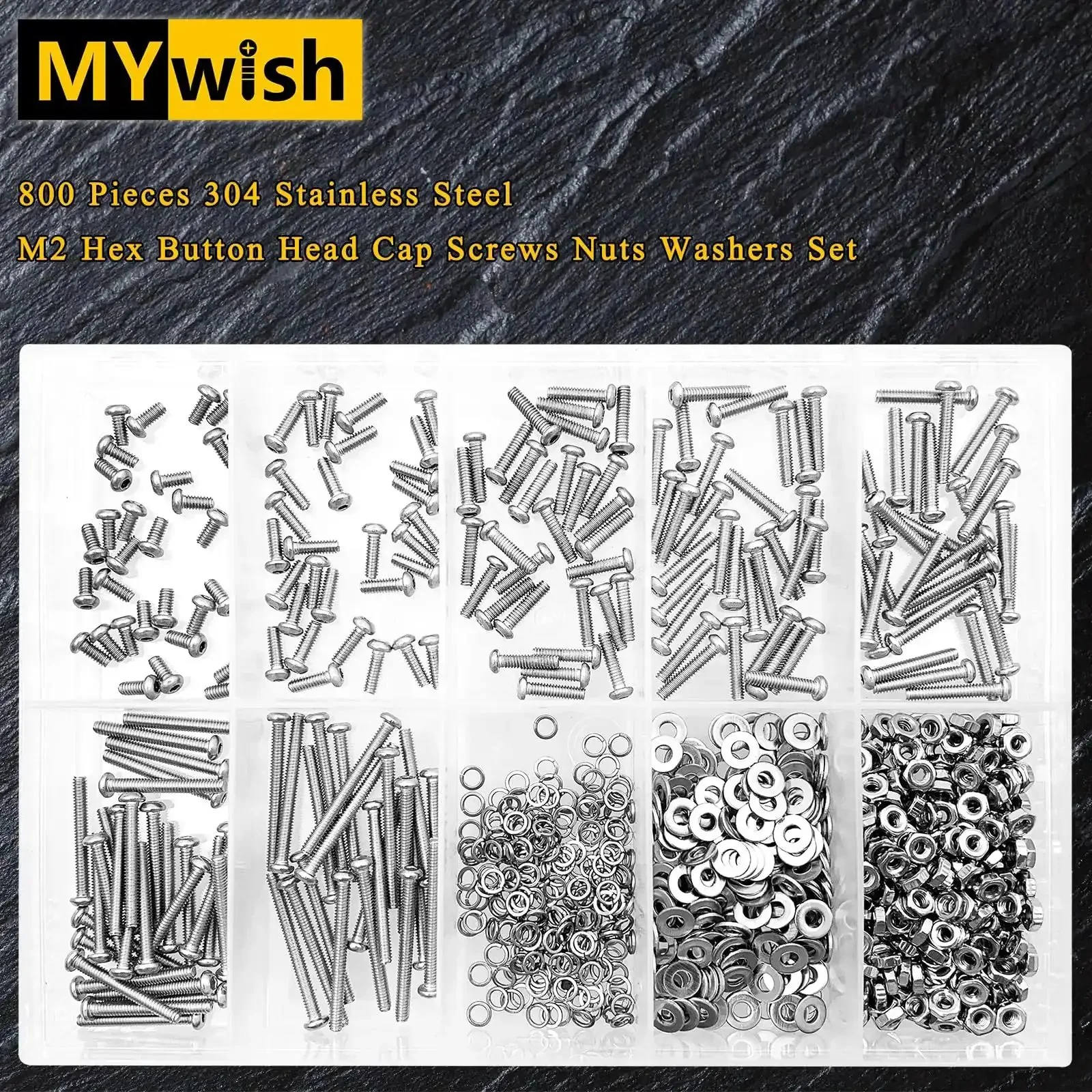 800 Piece M2 Screw And Nut Kit With Stainless Steel Bolts And Nuts Hex Socket Button Head Screws Flat And Spring Lock Washers For DIYers And Tinkerers Includes Hex Wrenches M2 Thread Lengths 4 6 8 10 12 16 20mm - Image 6