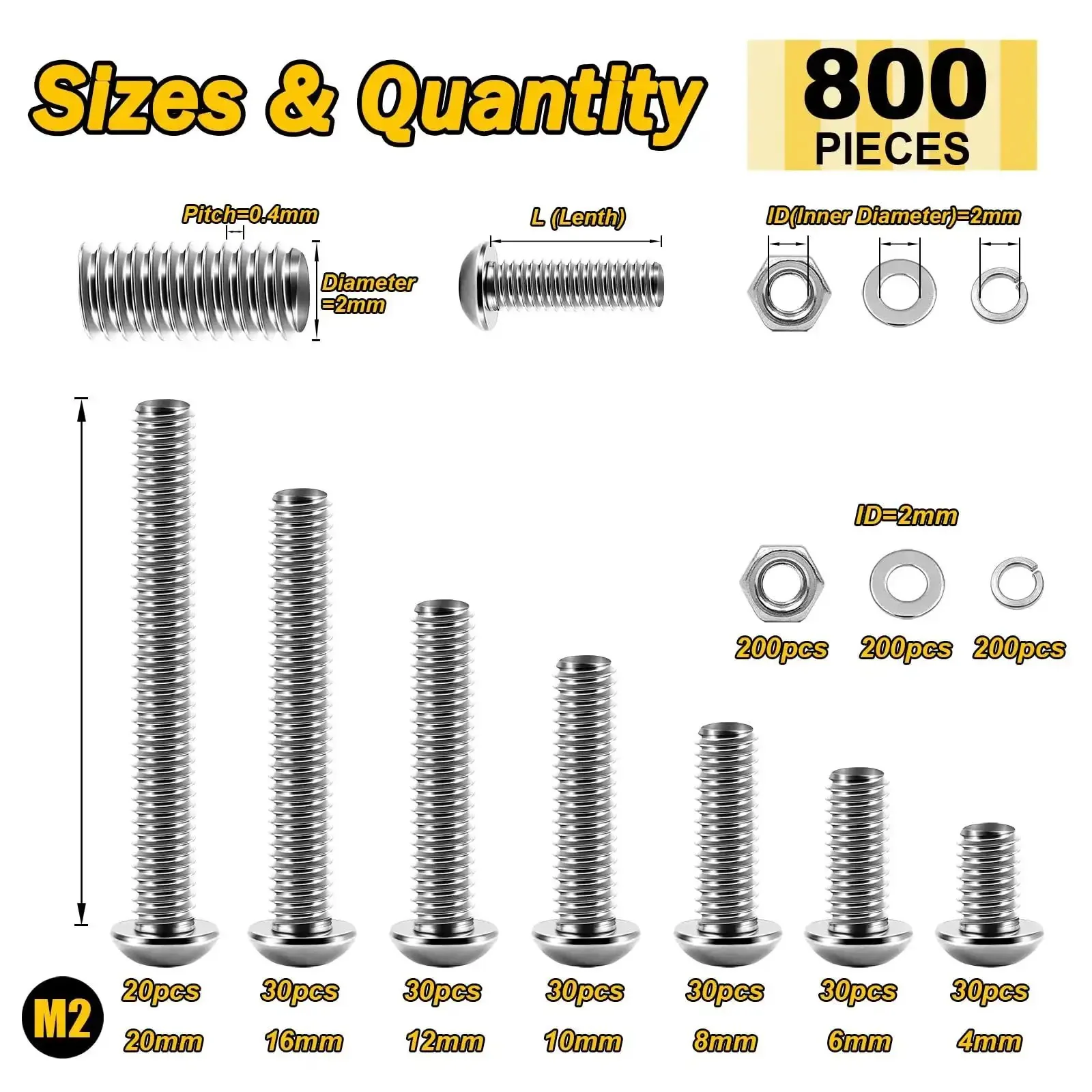 800 Piece M2 Screw And Nut Kit With Stainless Steel Bolts And Nuts Hex Socket Button Head Screws Flat And Spring Lock Washers For DIYers And Tinkerers Includes Hex Wrenches M2 Thread Lengths 4 6 8 10 12 16 20mm - Image 8