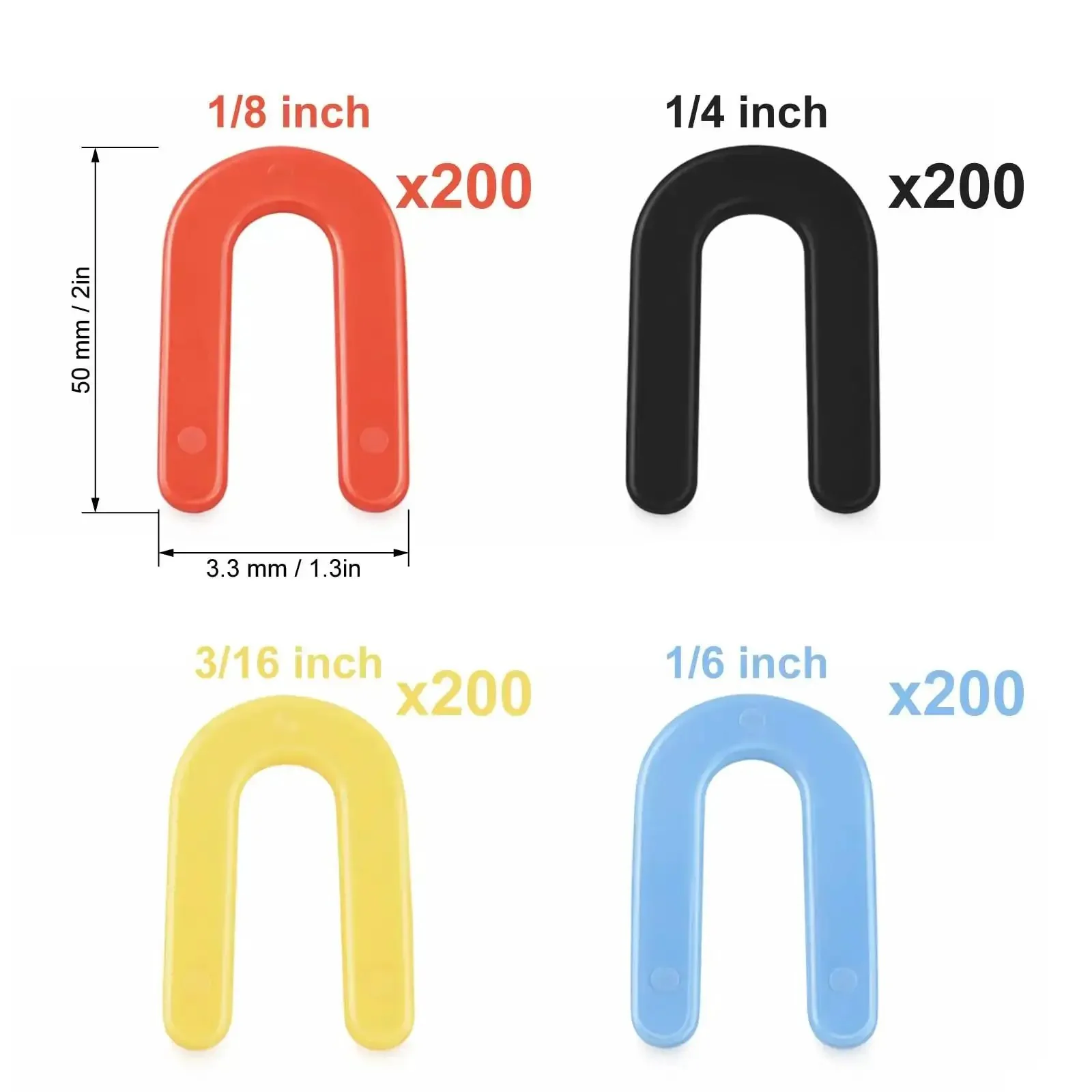 800 Piece Plastic Horseshoe Shims Set For Leveling And Spacing In U Shape Tile And Window Applications Color Coded 1/16 Inch Blue 1/8 Inch Red 3/16 Inch Yellow 1/4 Inch Black Handy Value Pack For DIY Home Reno - Image 3