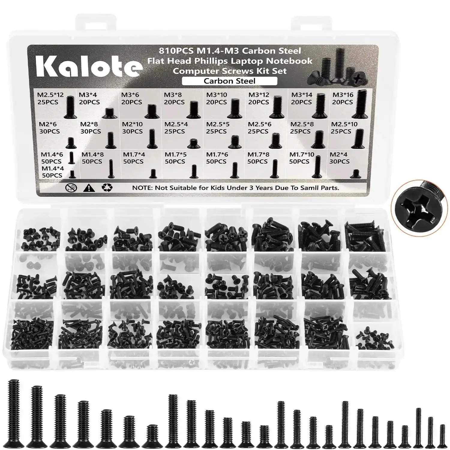 810Pcs Black Laptop Screw Kit For Notebook Computers With Carbon Steel Flat Head Phillips Screws In Sizes M1.4 M1.7 M2 M2.5 M3 Replacement Assortment For Quick Laptop Repairs And Upgrades