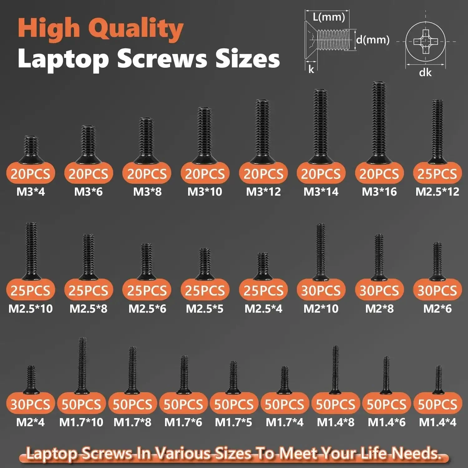 810Pcs Black Laptop Screw Kit For Notebook Computers With Carbon Steel Flat Head Phillips Screws In Sizes M1.4 M1.7 M2 M2.5 M3 Replacement Assortment For Quick Laptop Repairs And Upgrades - Image 2