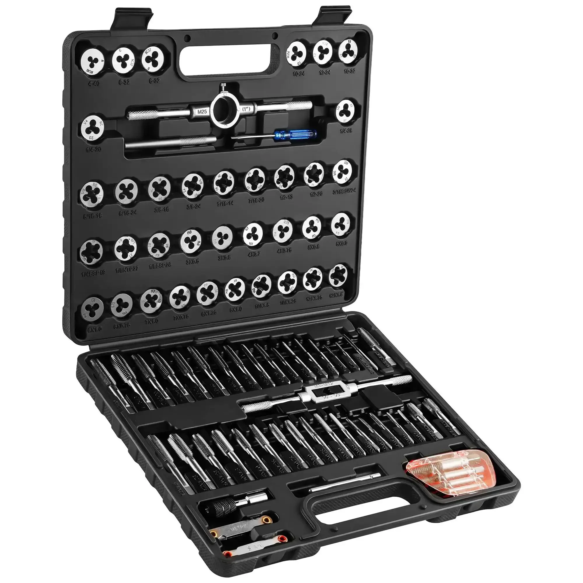 84 Piece Pro Grade Tap And Die Set With SAE And Metric Sizes For Threading And Rethreading Internal And External Threads M3-M12 Includes Tap Wrench Die Wrench T-Handle Wrench Gauges Screwdriver Drift Punch Thread Extractors And Storage Case