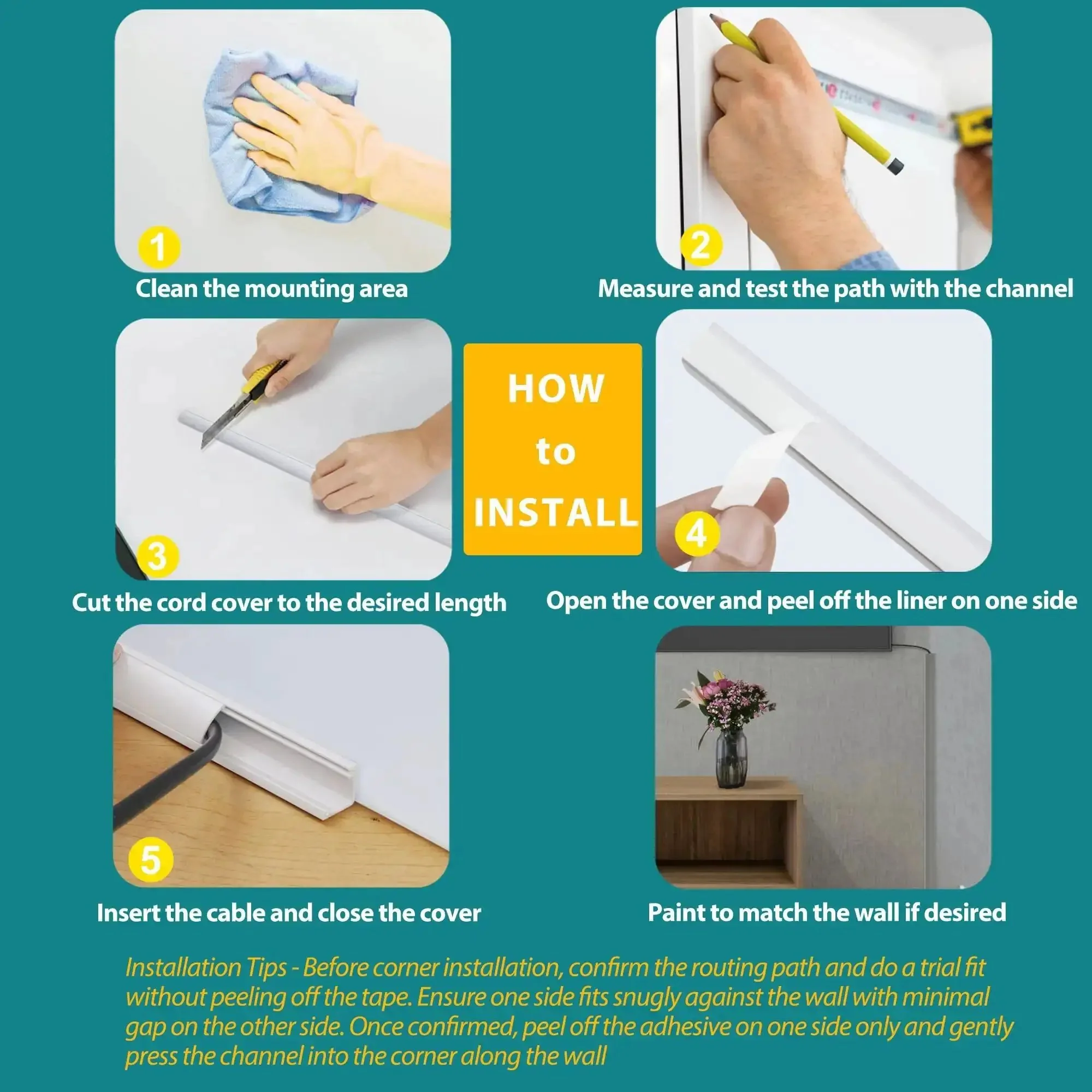 85 Inch Corner Cable Concealer Kit For Walls Floors And Ceilings Paintable Wire Cover Raceway To Hide Cords Like A Pro Cat5 And Cat6 Power And Speaker Wires Easy Install PVC Channel For Quick Cable Management - Image 4