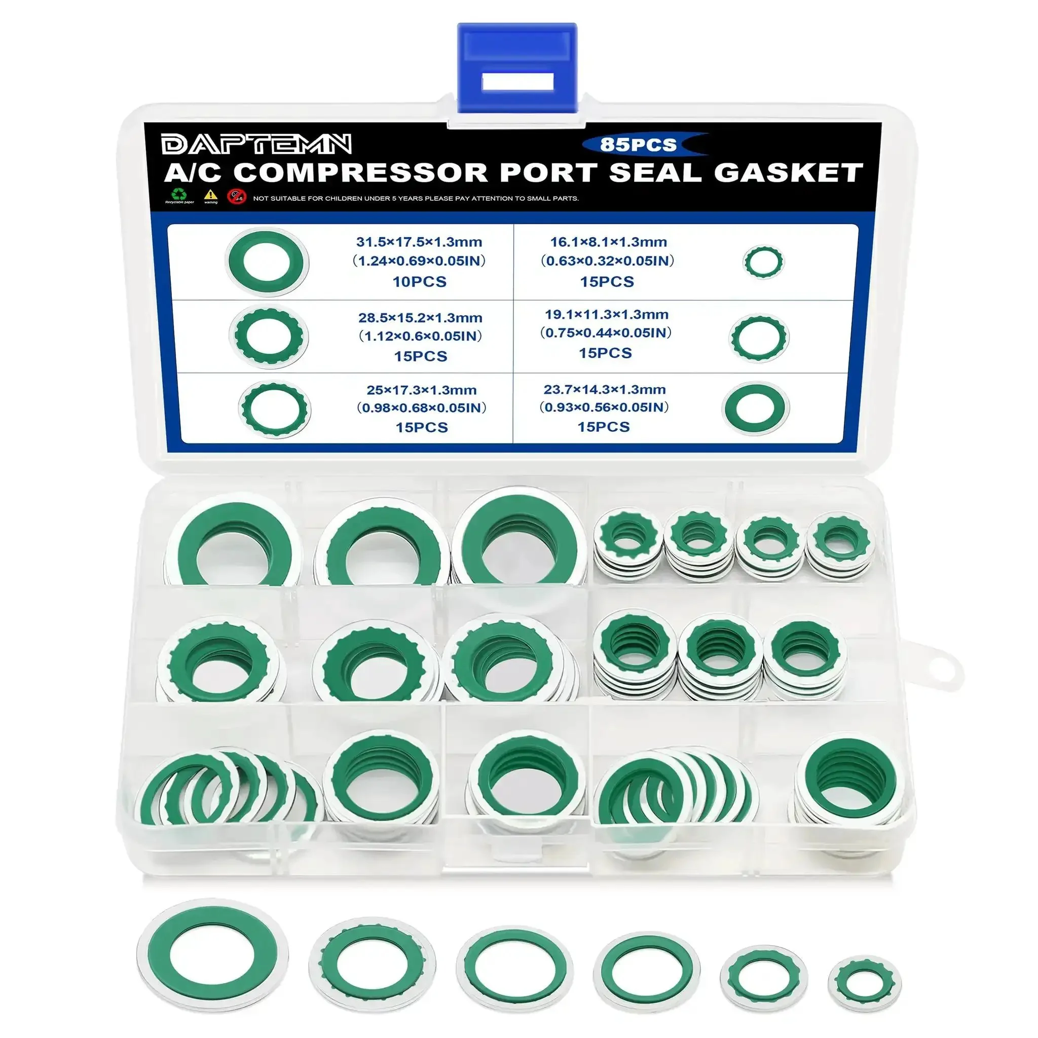 85 Piece Air Conditioning Compressor Bonded Seal Washers Set With 6 Sizes For AC System DIY Friendly Gasket Repairs Universal Automotive Self Centered Washers ID 8mm To 17.5mm Green