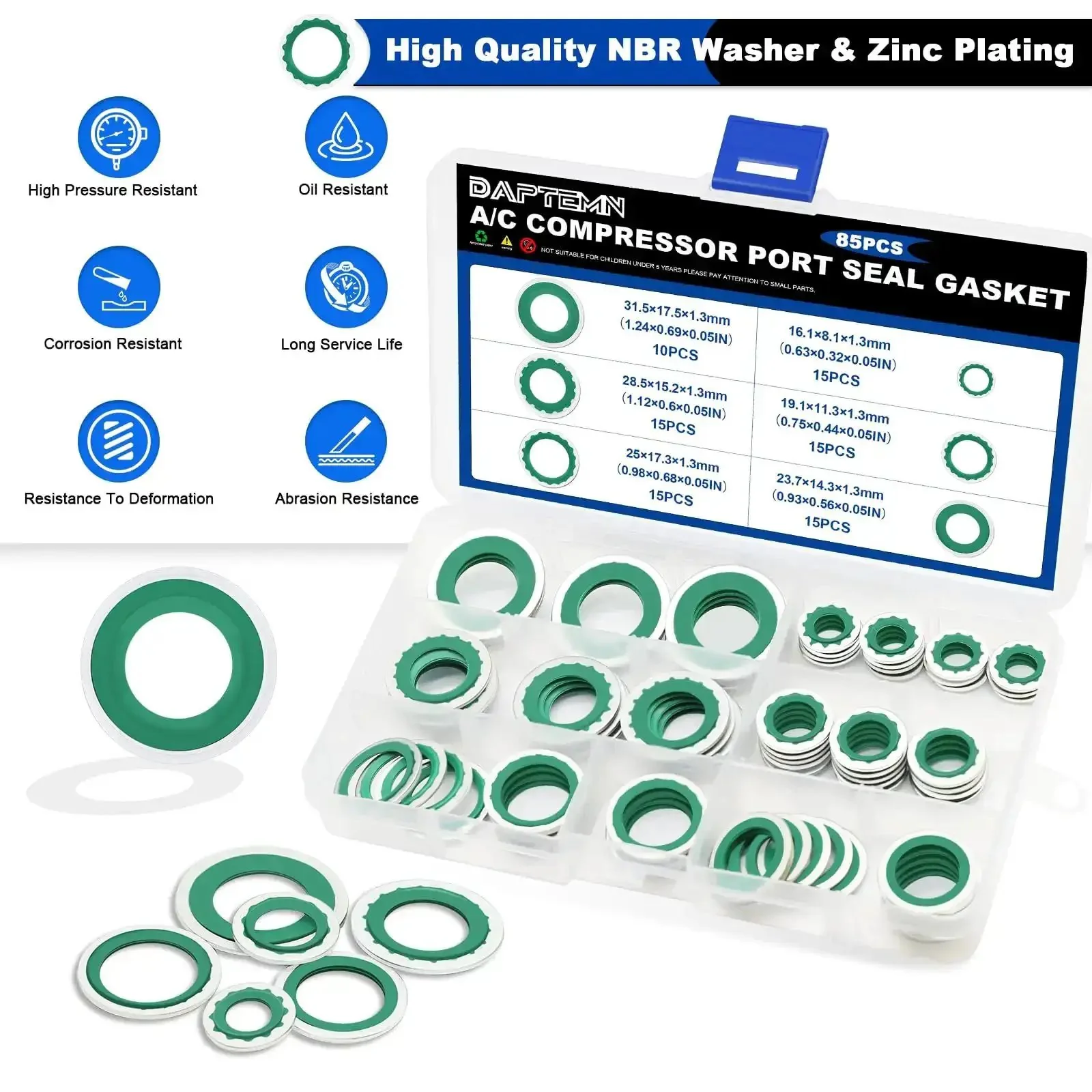 85 Piece Air Conditioning Compressor Bonded Seal Washers Set With 6 Sizes For AC System DIY Friendly Gasket Repairs Universal Automotive Self Centered Washers ID 8mm To 17.5mm Green - Image 6