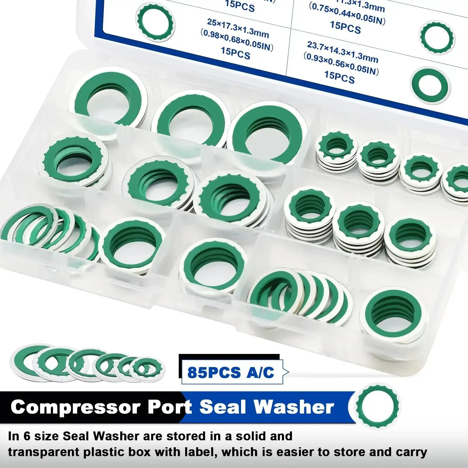 85 Piece Air Conditioning Compressor Bonded Seal Washers Set With 6 Sizes For AC System DIY Friendly Gasket Repairs Universal Automotive Self Centered Washers ID 8mm To 17.5mm Green - Image 7