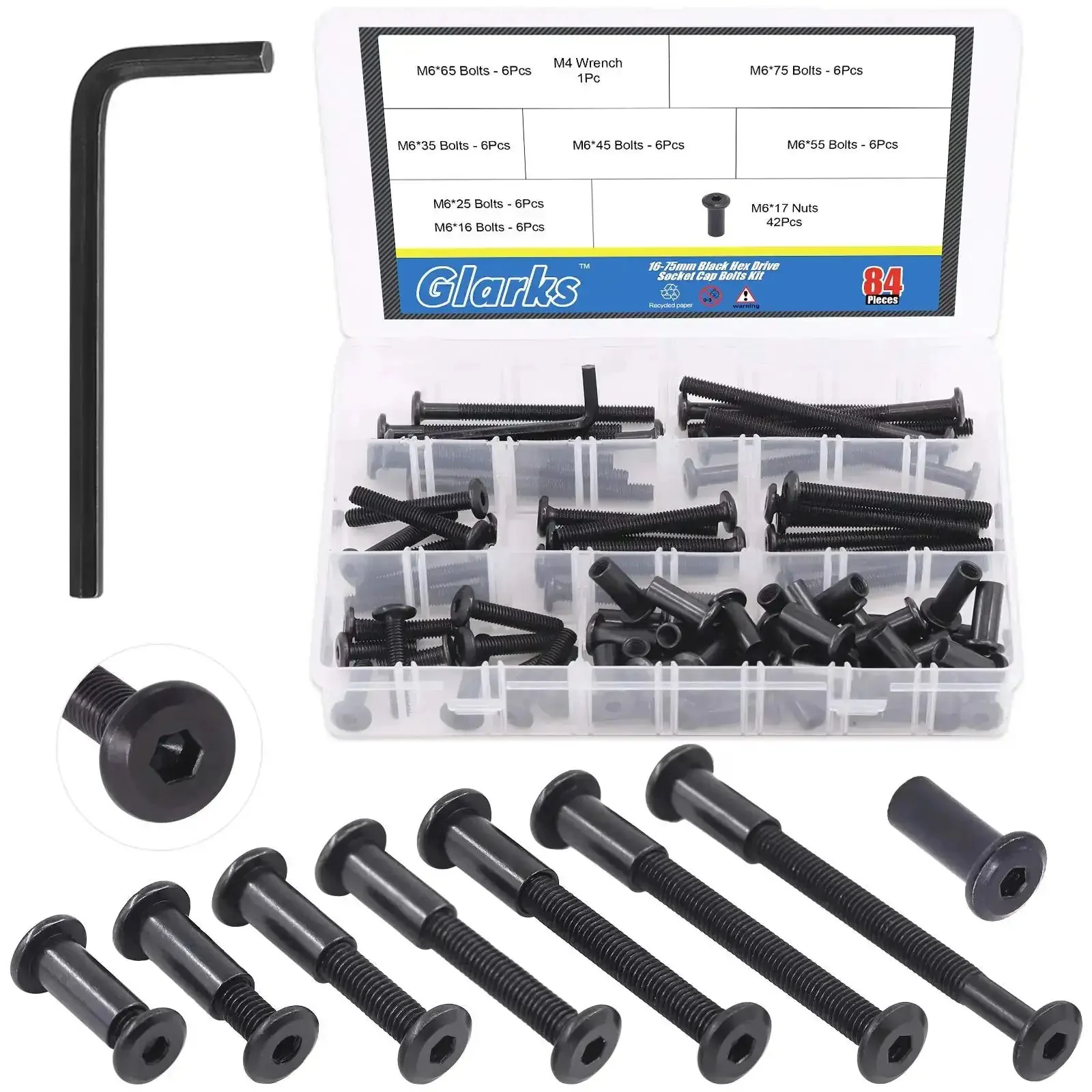 85 Piece Must Have M6 Hex Socket Cap Bolts Kit With 16 25 35 45 55 65 75mm Lengths Countersunk Heads And 42 Barrel Nuts Plus Allen Wrench For Chairs Tables Cabinets Furniture Black Hardware