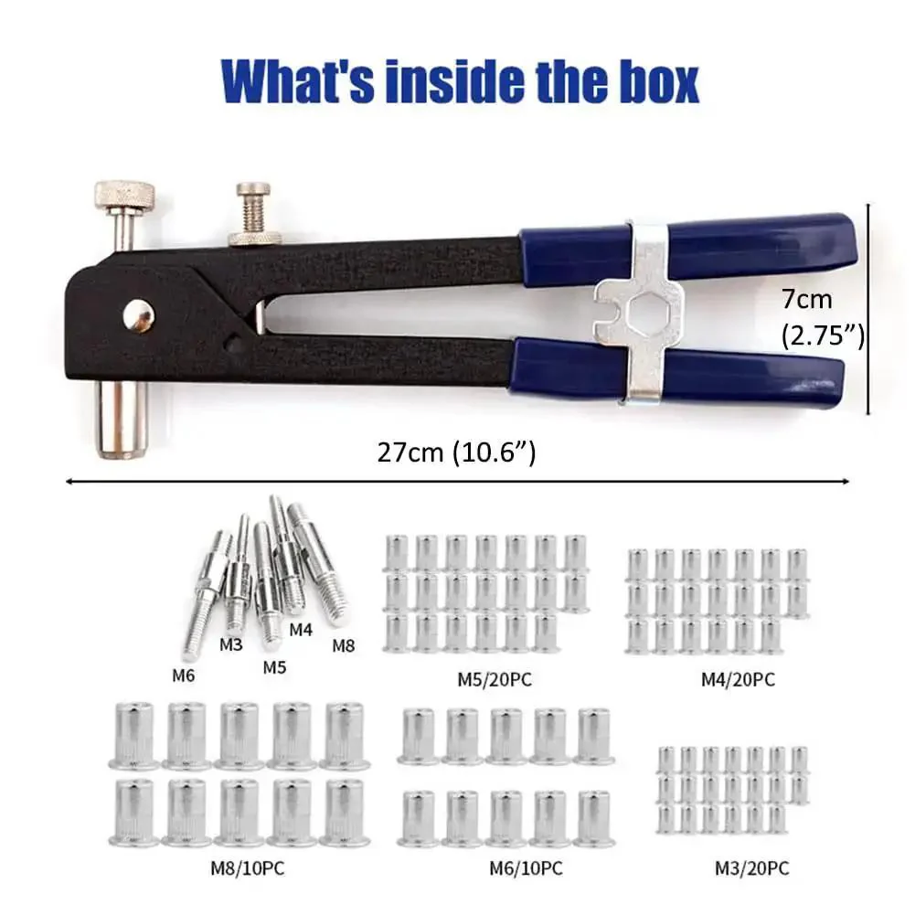 86 Piece Rivet Nut Tool Kit Hand Riveter Set With M3 M4 M5 M6 M8 Threaded Rivet Nuts And Mandrel Heavy Duty Drop Forged Steel Body Anti Slip Handle Pro Grade For Cars Machinery Trailers Furniture And Boats - Image 8