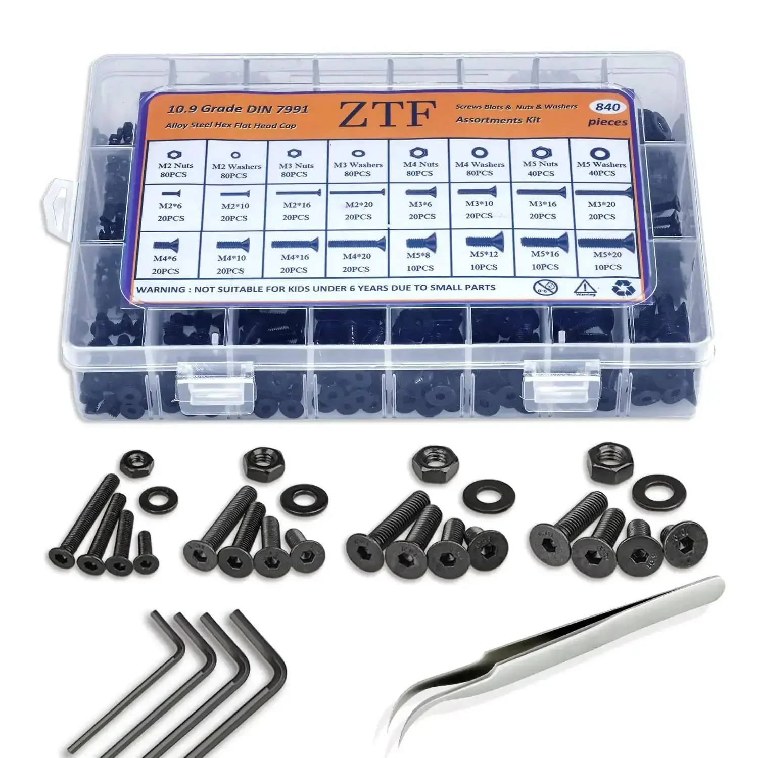 860 Piece All In One Metric M2 M3 M4 M5 Hex Socket Flat Head Screws Bolts Nuts Washers Kit With Storage Box 10.9 Grade Alloy Steel DIN 7991 Includes Four Hex Wrenches For DIY Projects And Gear Builds - Image 2