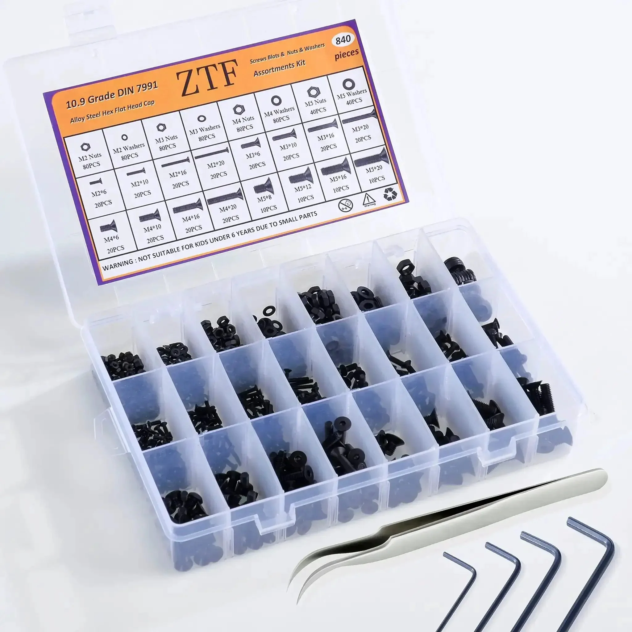 860 Piece All In One Metric M2 M3 M4 M5 Hex Socket Flat Head Screws Bolts Nuts Washers Kit With Storage Box 10.9 Grade Alloy Steel DIN 7991 Includes Four Hex Wrenches For DIY Projects And Gear Builds - Image 3