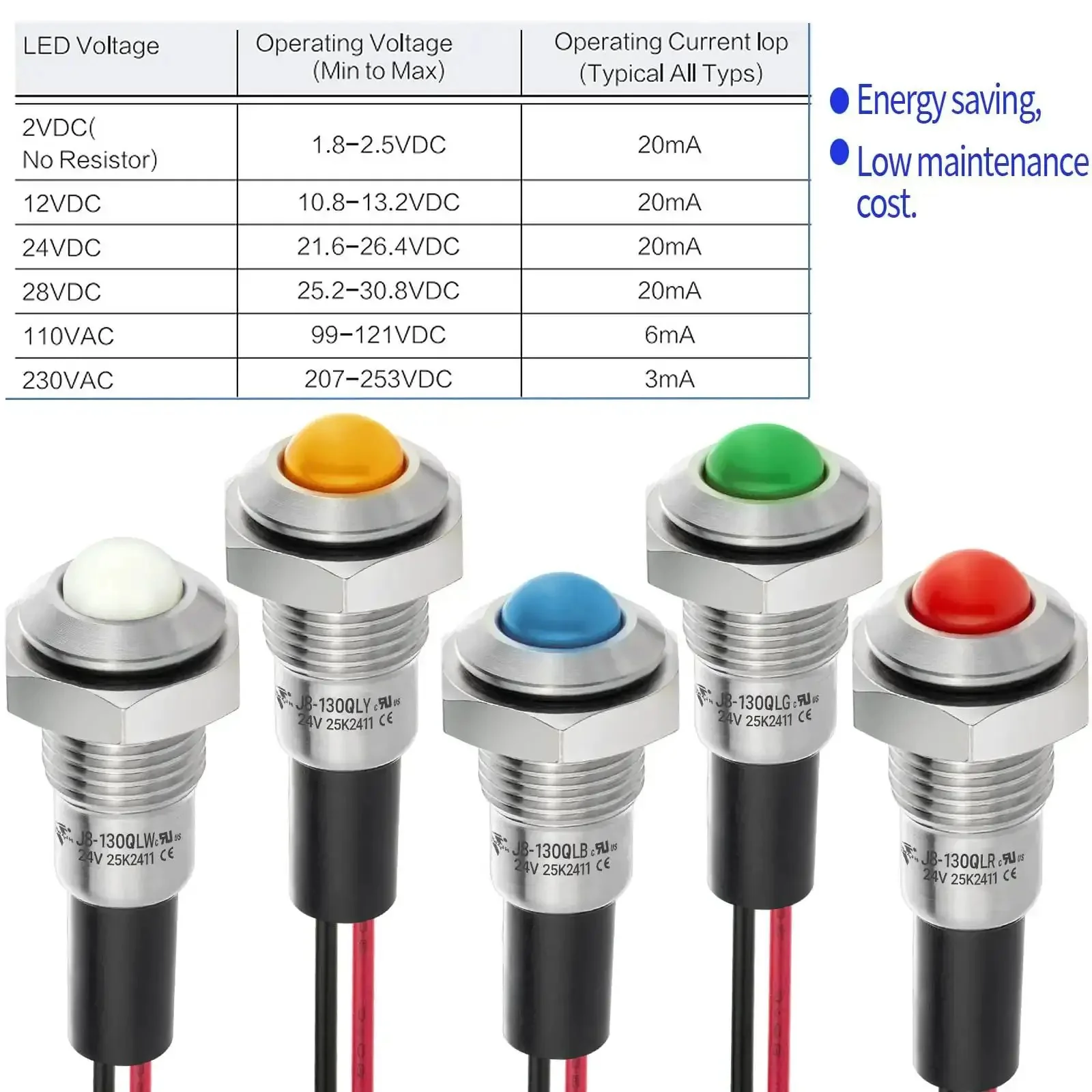 8mm Mini Indicator Light IP67 Waterproof Domed Stainless Steel 304 LED Signal Lamp Red And Green 12V 24V DC AC With 140mm Wire Low Power 0.06W 20mA Beefy Industrial Grade Panel Mount For Machinery - Image 4