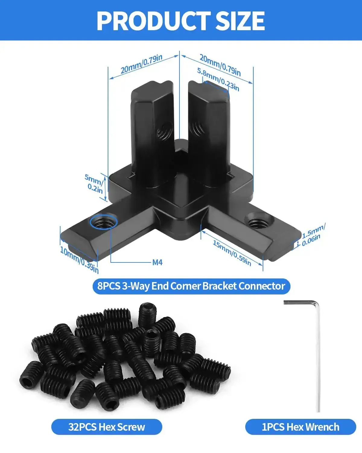 8Pcs 2020 Aluminum Extrusion 3 Way End Corner Bracket Connectors With Screws And Wrench For 2020 Series 6mm Slot Profiles Heavy Duty L Shape Joints For Industrial Frames 3D Printers CNC Machines Robotics - Image 6