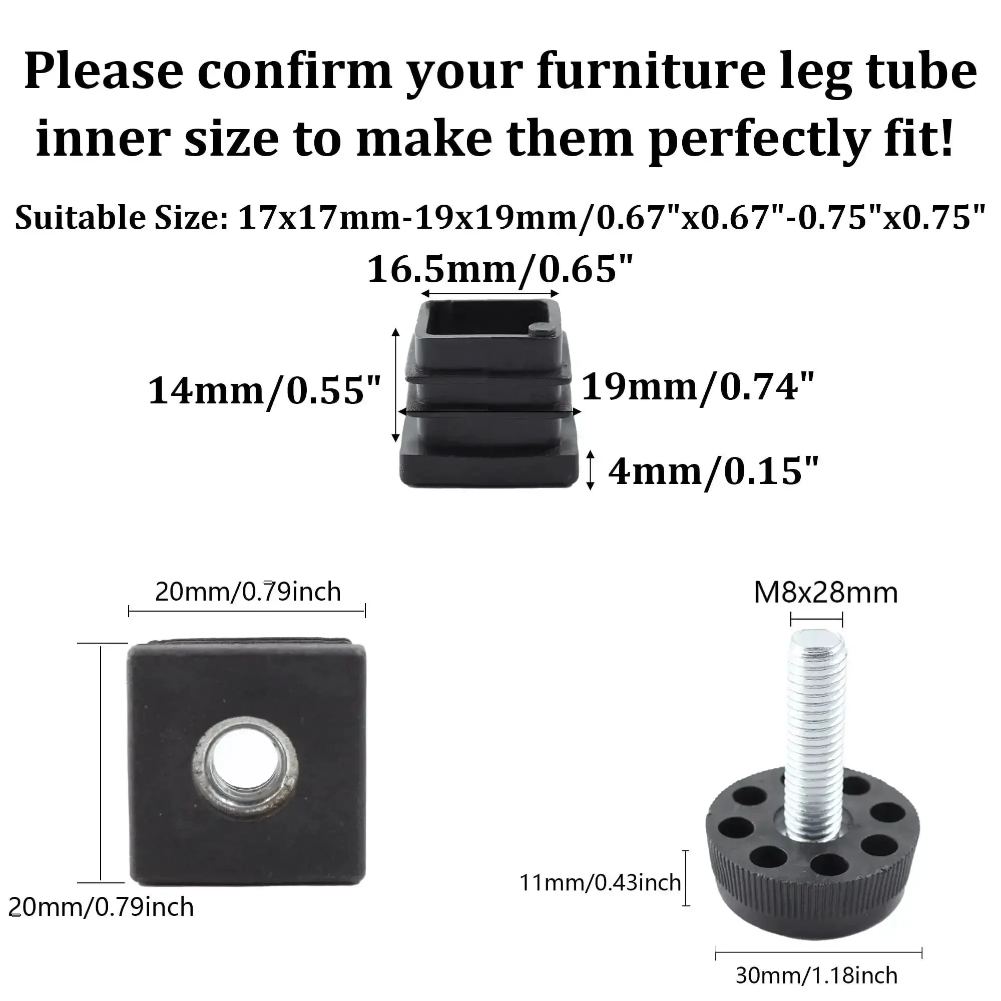 8Pcs Adjustable Leveling Feet Square Insert Kit For Cabinets Sofas Tables And Chairs Black 20x20mm Inserts 30x11mm Base Levelers Durable Furniture Glides For Floor Protection And Easy Leveling - Image 7