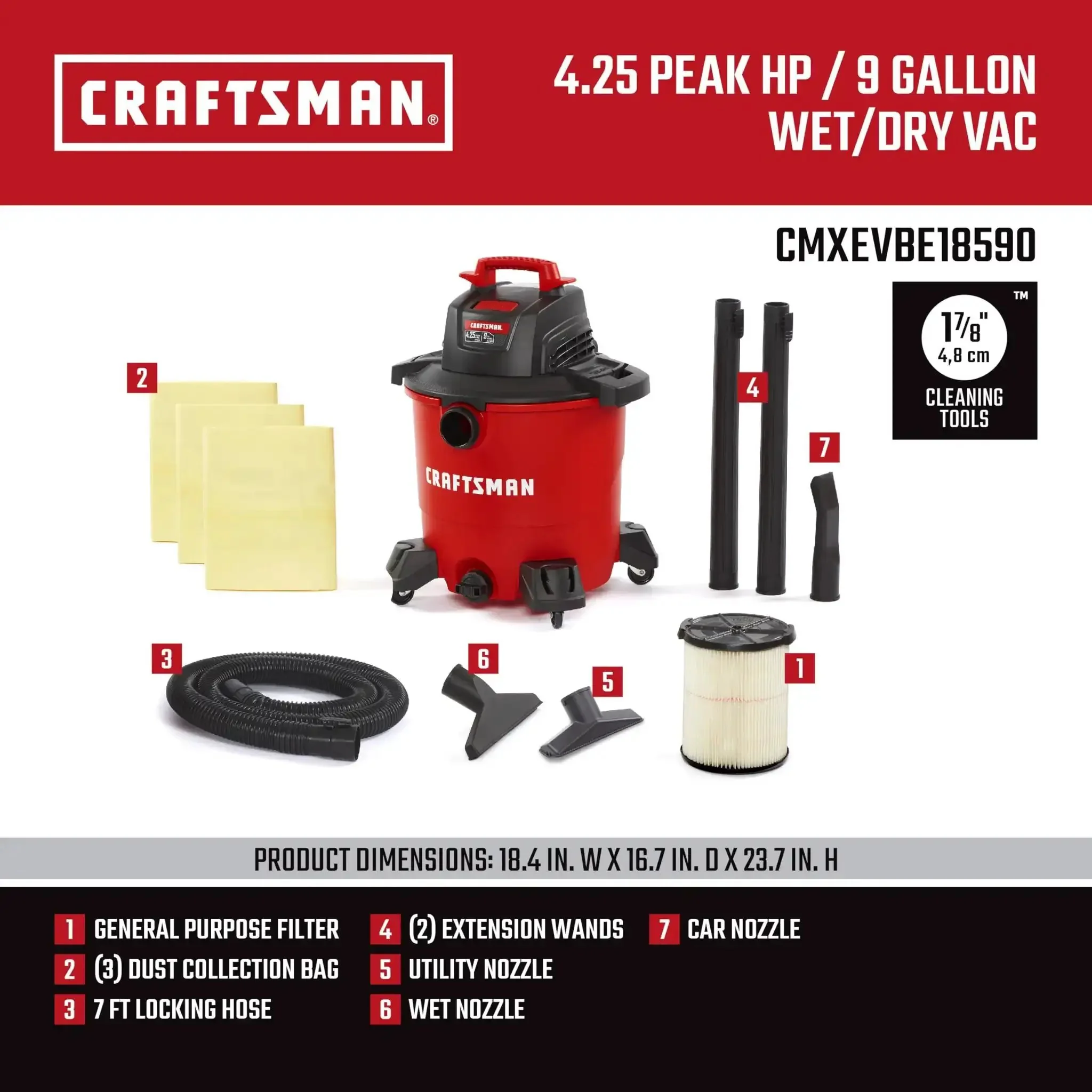 9 Gallon Wet Dry Shop Vacuum With 4.25 Peak HP, Portable Cleaner For Home, Garage And Auto, Includes Filter, 3 Dust Bags, Hose And Attachments, Blower Port And Oversized Drain - Image 7