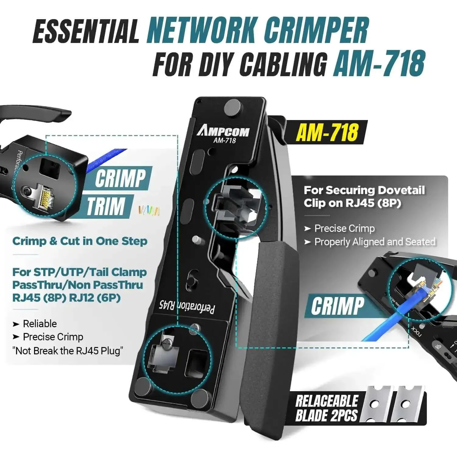 9-in-1 Ethernet Crimping Tool Kit With Pass-Through RJ45 And RJ11, Versatile Pro-Grade Network Tool Set For Cat7, Cat6A, UTP Cat6/5E, Includes 110 Punch-Down Tool, Wire Stripper, And Portable Waterproof Bag - Image 8