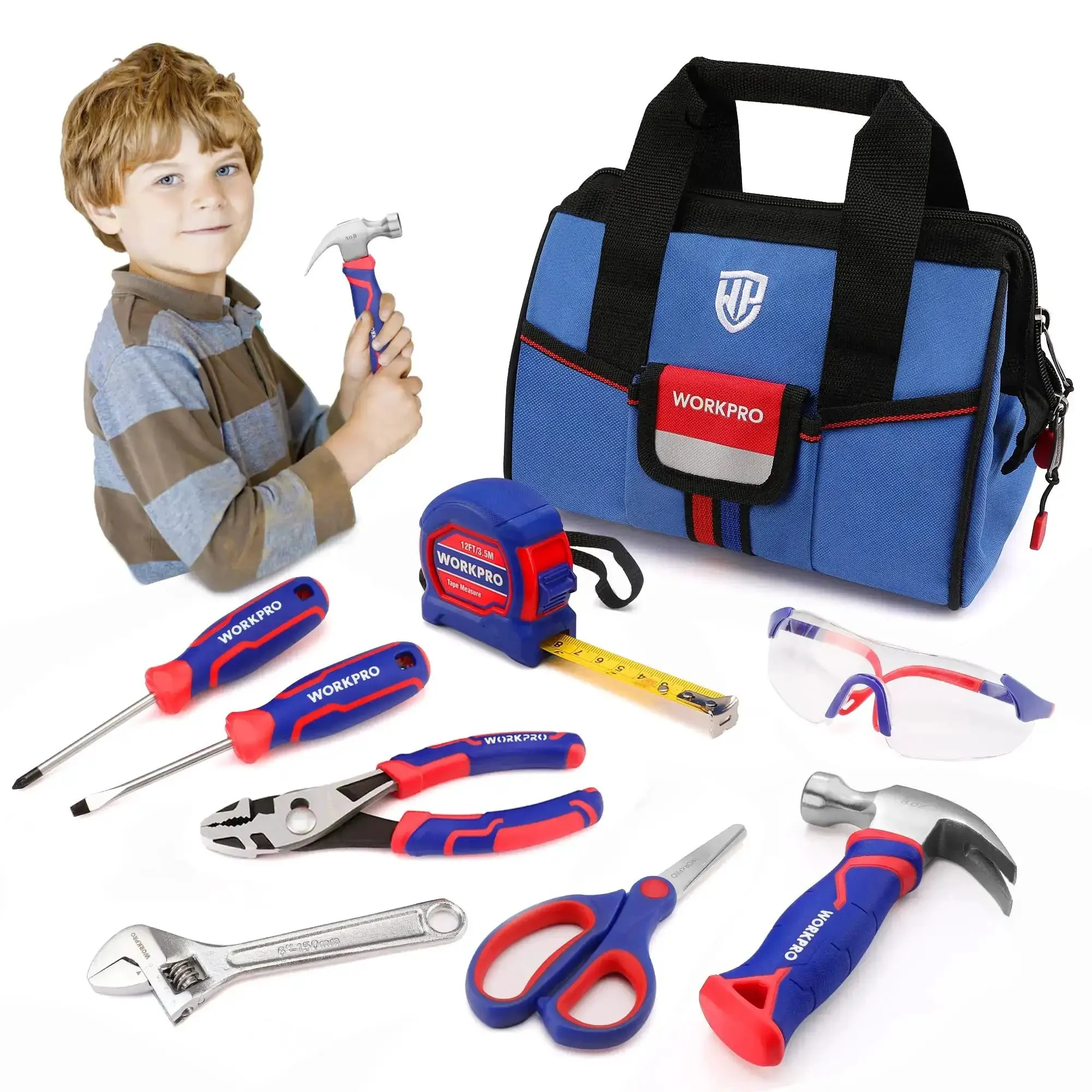 9 Piece Kid Friendly Real Hand Tool Set For Boys And Girls Blue Junior Tool Kit With Storage Bag Safe Beginner DIY Woodworking And Building Essentials For Ages 8 And Up