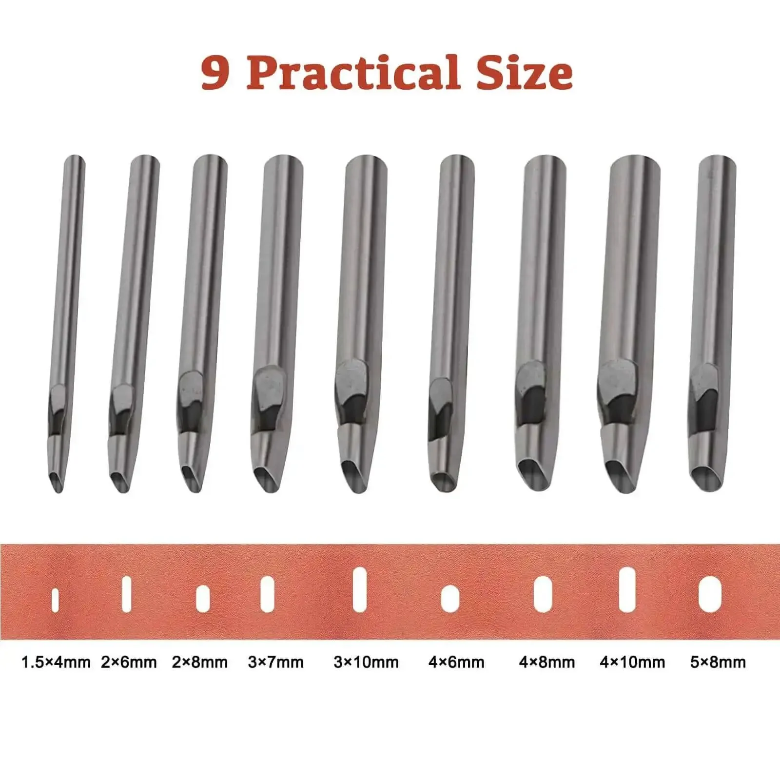 9 Size Oval Leather Hole Punch Set Carbon Steel Pro Grade Hand Punch Tool Kit For Belts, Watchbands, Gaskets, And Cloth Crafting Includes Sizes From 1.5x4mm To 5x8mm - Image 5