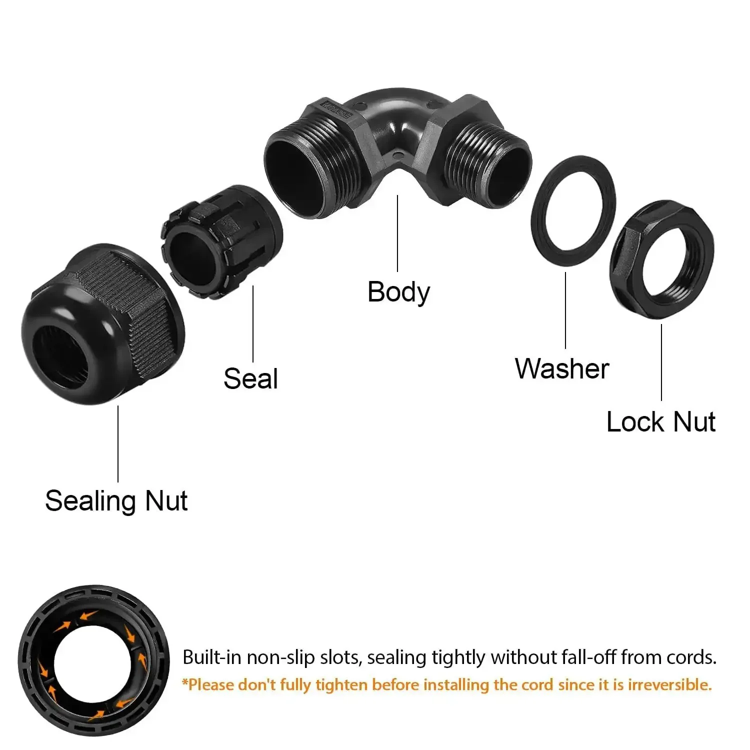 90 Degree M20 Cable Gland Adjustable 9 to 14mm Strain Relief Cord Connector With Nylon Joints And Gaskets 2 Pack For Junction Boxes And Electrical Enclosures Ready For DIY And Pro Install - Image 4