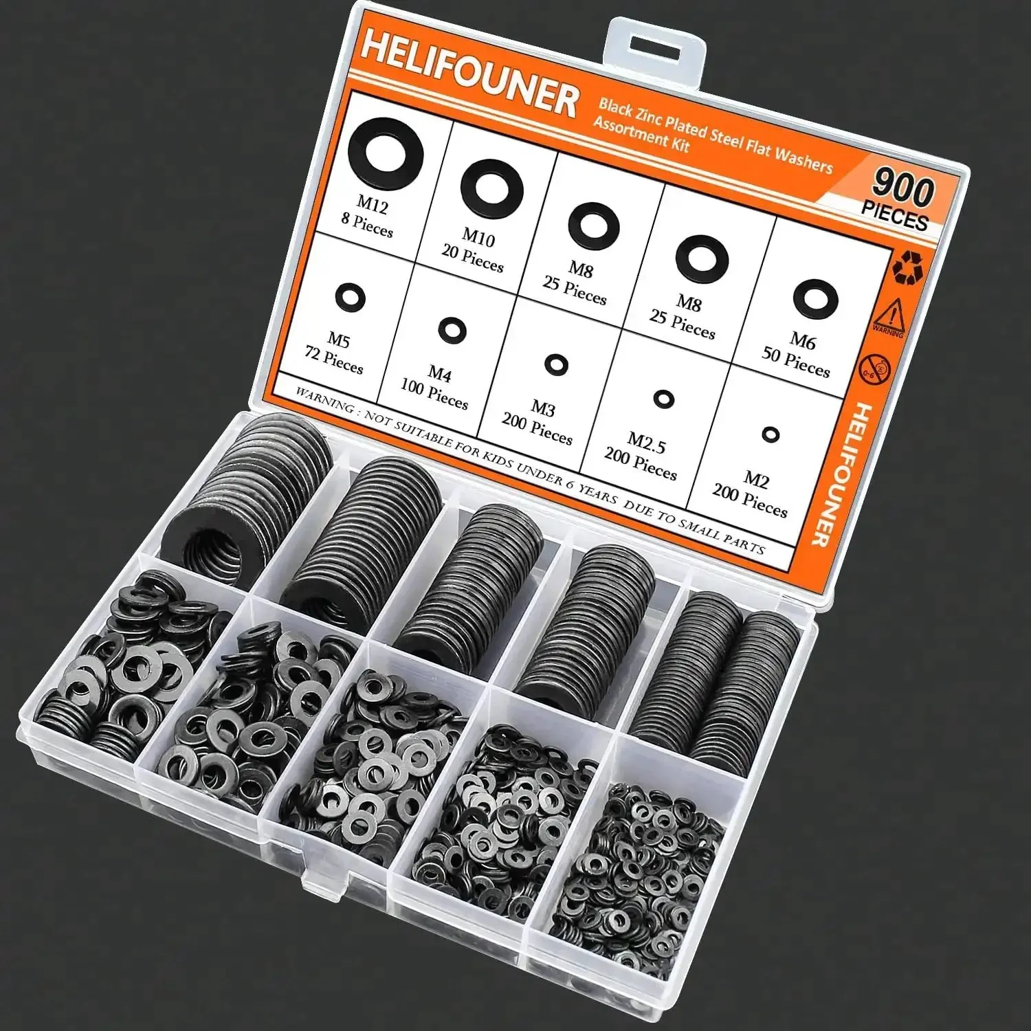 900 Piece Black Zinc Flat Washers Assorted Kit With Lock Metal Washers In Durable Plastic Case Includes M2 M2.5 M3 M4 M5 M6 M8 M10 M12 For Electrical Projects And DIY Gear - Image 2
