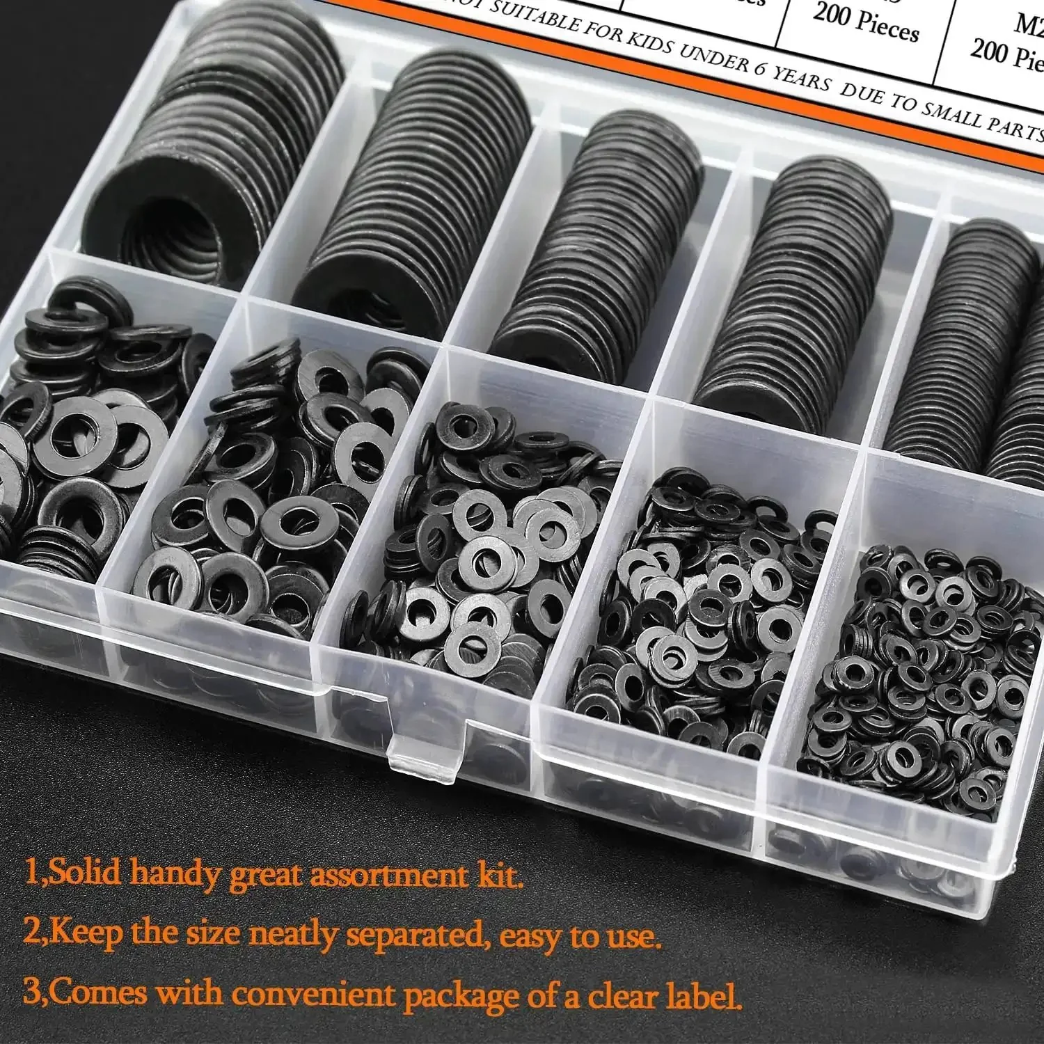 900 Piece Black Zinc Flat Washers Assorted Kit With Lock Metal Washers In Durable Plastic Case Includes M2 M2.5 M3 M4 M5 M6 M8 M10 M12 For Electrical Projects And DIY Gear - Image 3
