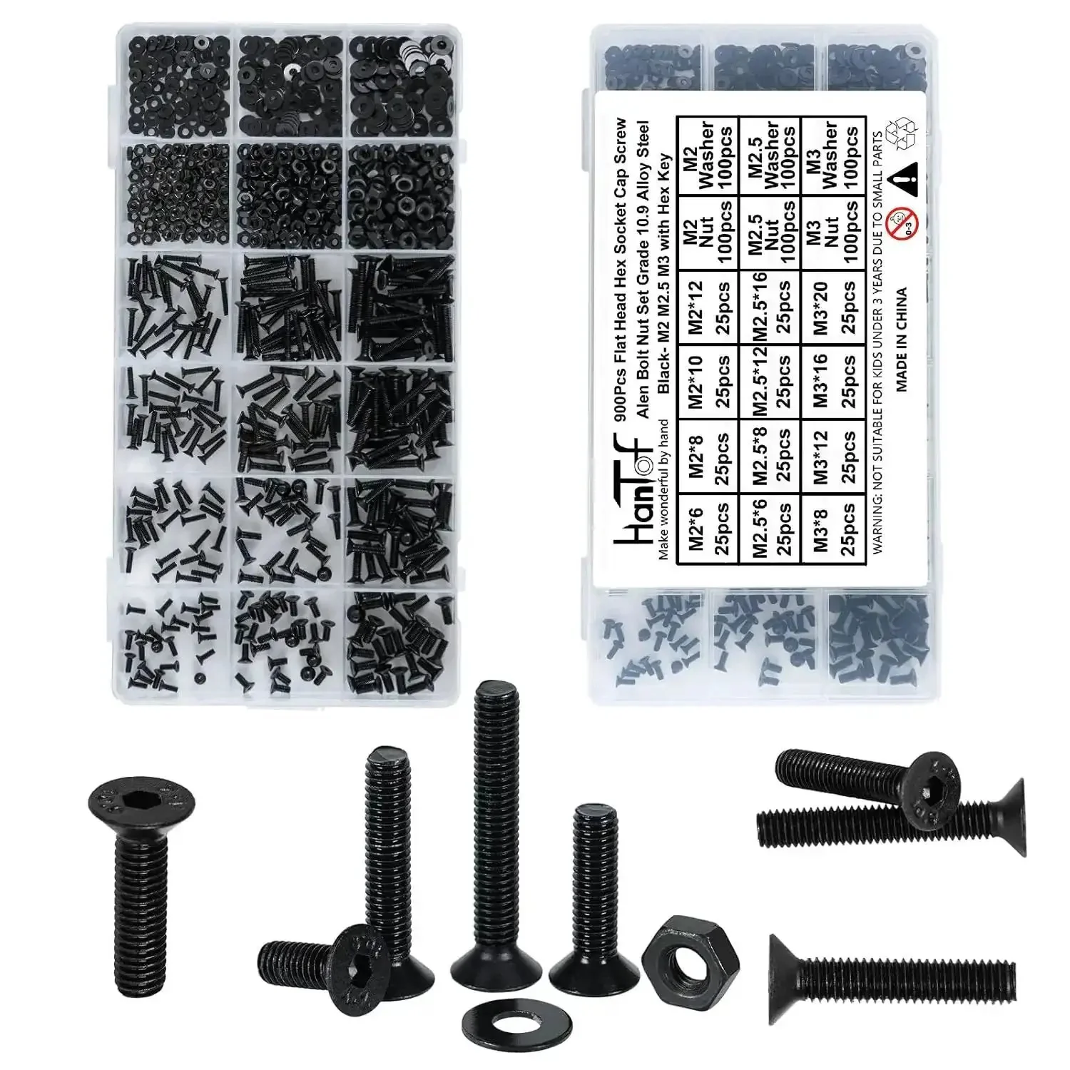 900 Piece Flat Head Hex Socket Cap Screws Kit With Nuts Washers And Hex Wrench M2 M2.5 M3 Fully Threaded Allen Machine Screws 10.9 Grade Alloy Steel Black Oxide Finish Built Tough - Image 3