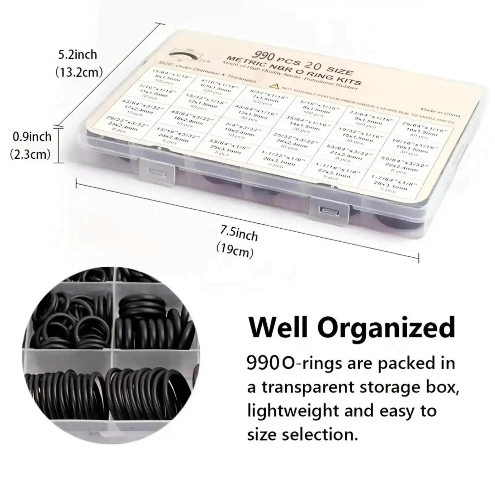 990-Piece Buna-N Nitrile O-Ring Kit With Multiple Sizes For Pressure Washers Auto And Plumbing Repairs Durable Black Set With Organized Storage For Easy DIY Fixes - Image 9