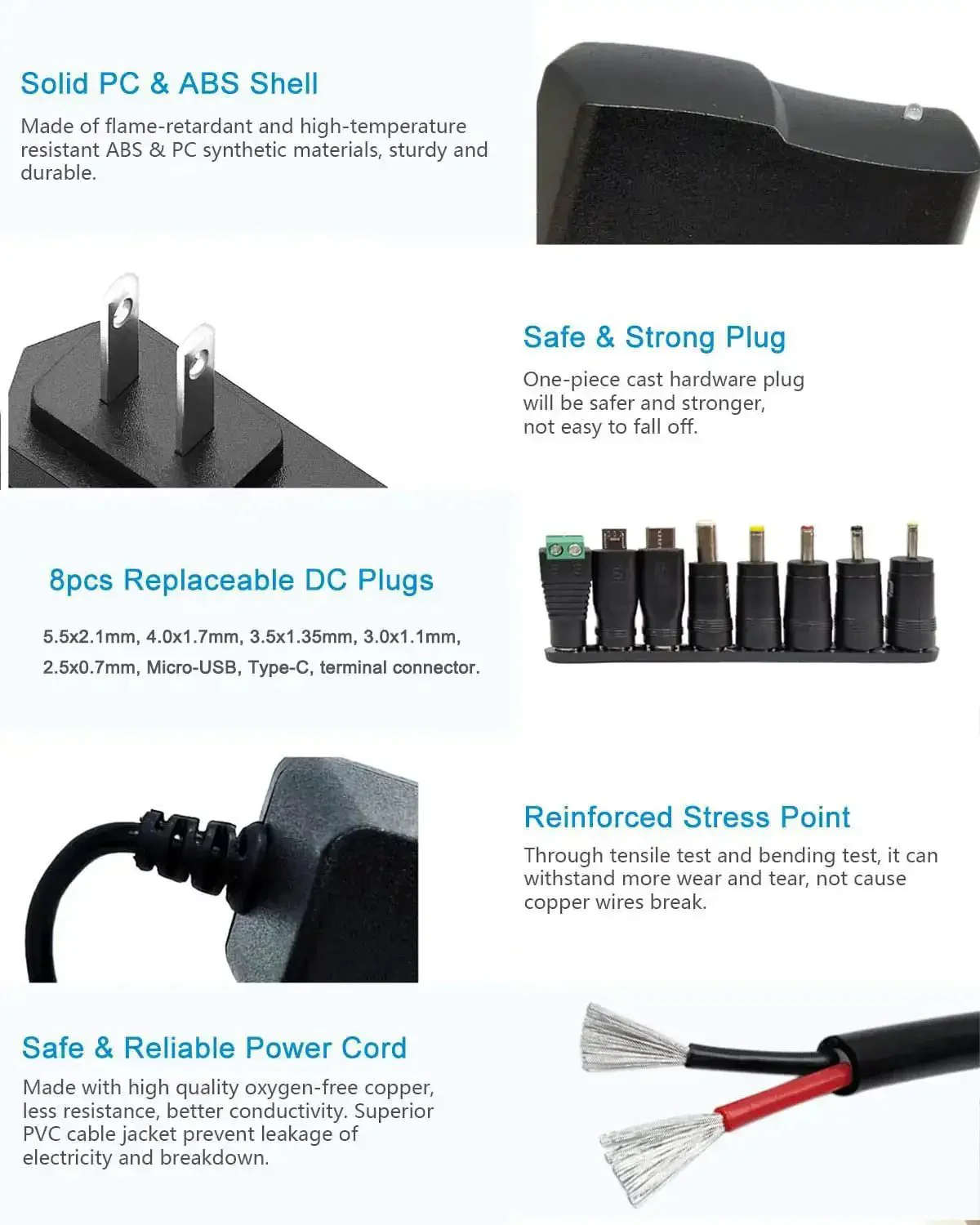 9V DC Power Supply 1A AC Adapter 100 240V Input 50 60Hz 9V Output 1A Max 10W With 4.6Ft Cable And Eight Tips For Every Gadget Including 5.5x2.5mm 5.5x2.1mm Micro USB Type C Center Positive - Image 5